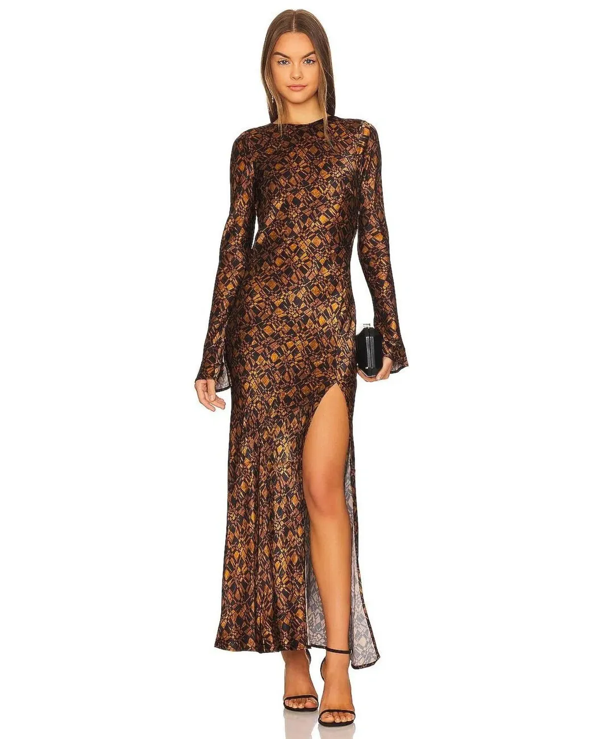 Bec and Bridge Checkmate Long Sleeve Maxi Dress in Brown Print Size 8 for rent on The Volte - main image