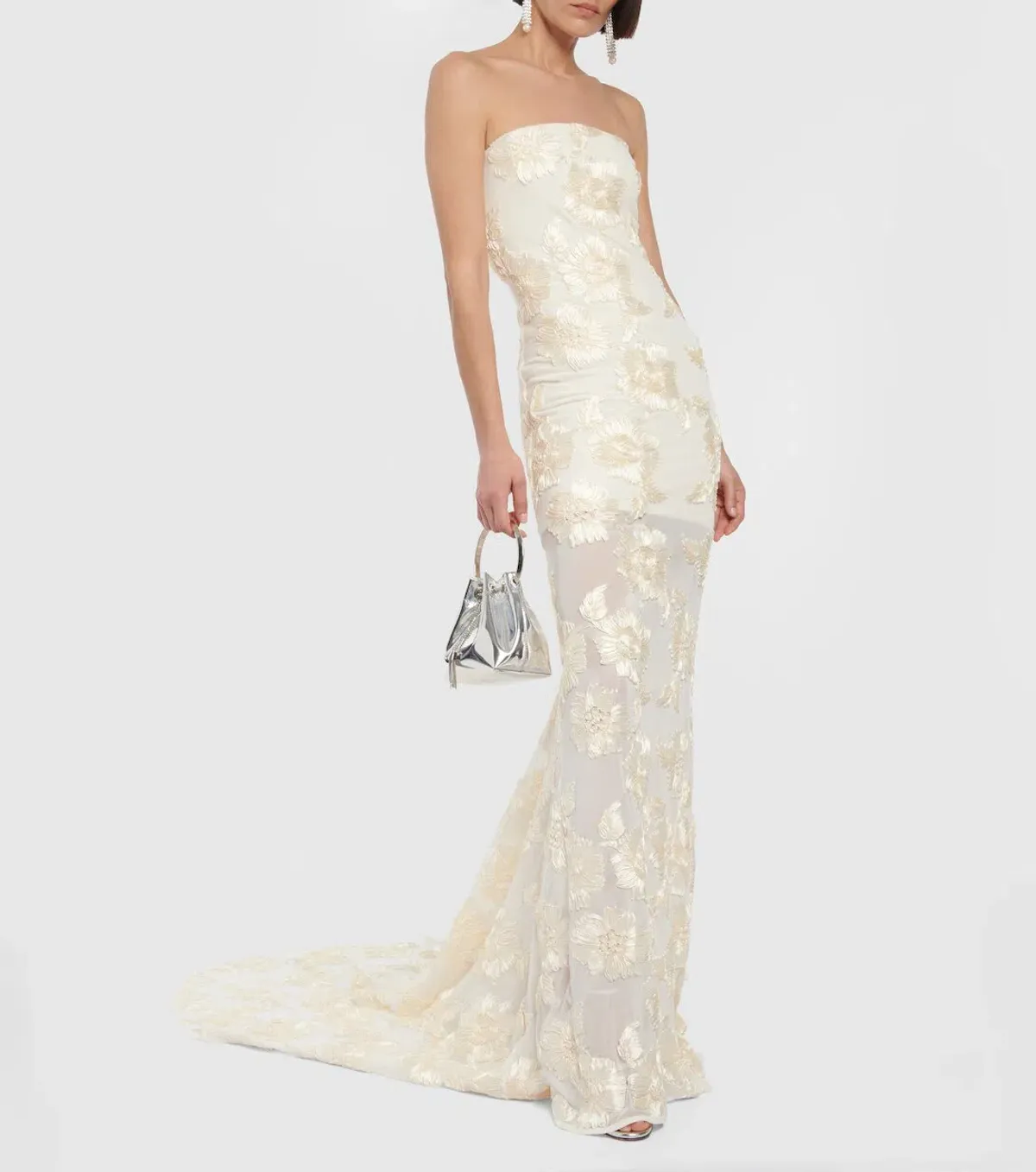 Rotate Birger Christensen Embroidered Strapless Midi Dress Cream Size 6 for rent on The Volte - main image