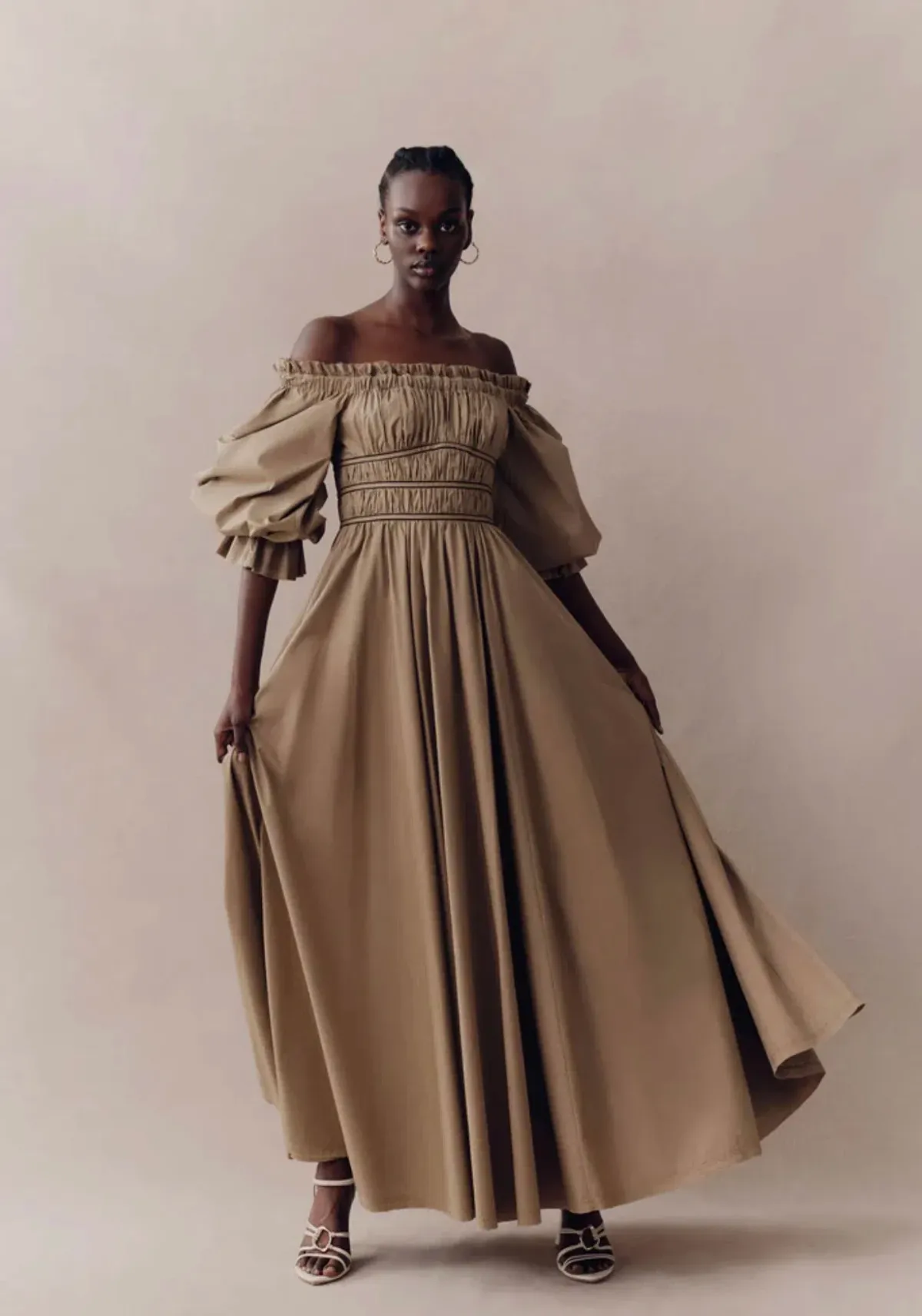 Aje Wattle Off Shoulder Midi Dress Taupe Grey Size 12 for rent on The Volte - main image