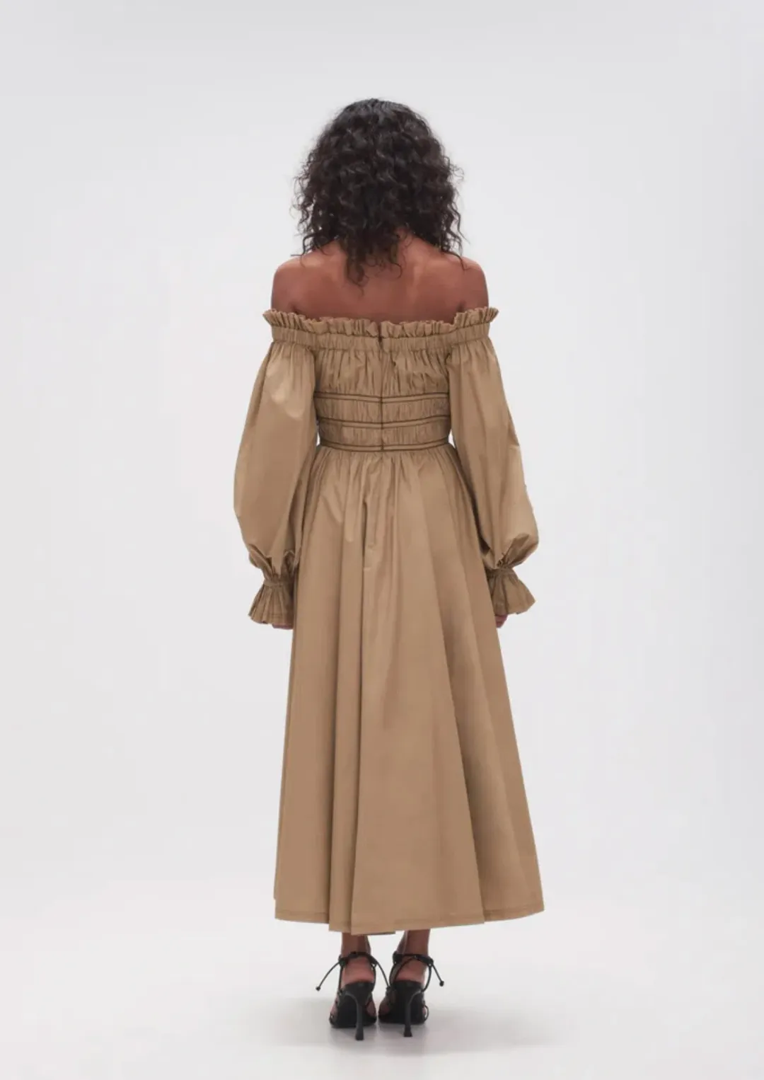Aje Wattle Off Shoulder Midi Dress Taupe Grey Size 12 for rent on The Volte - main image