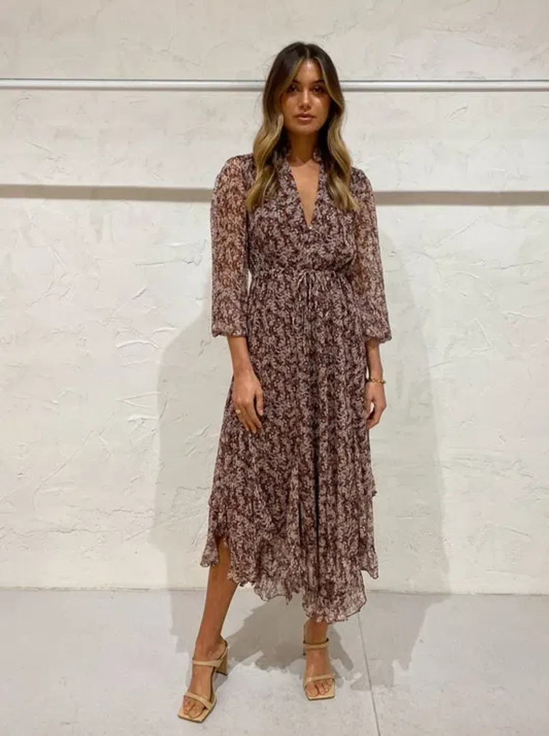 Shona Joy Blossom Plunged Midi Dress In Choc/Multi Size 6 for rent on The Volte - main image