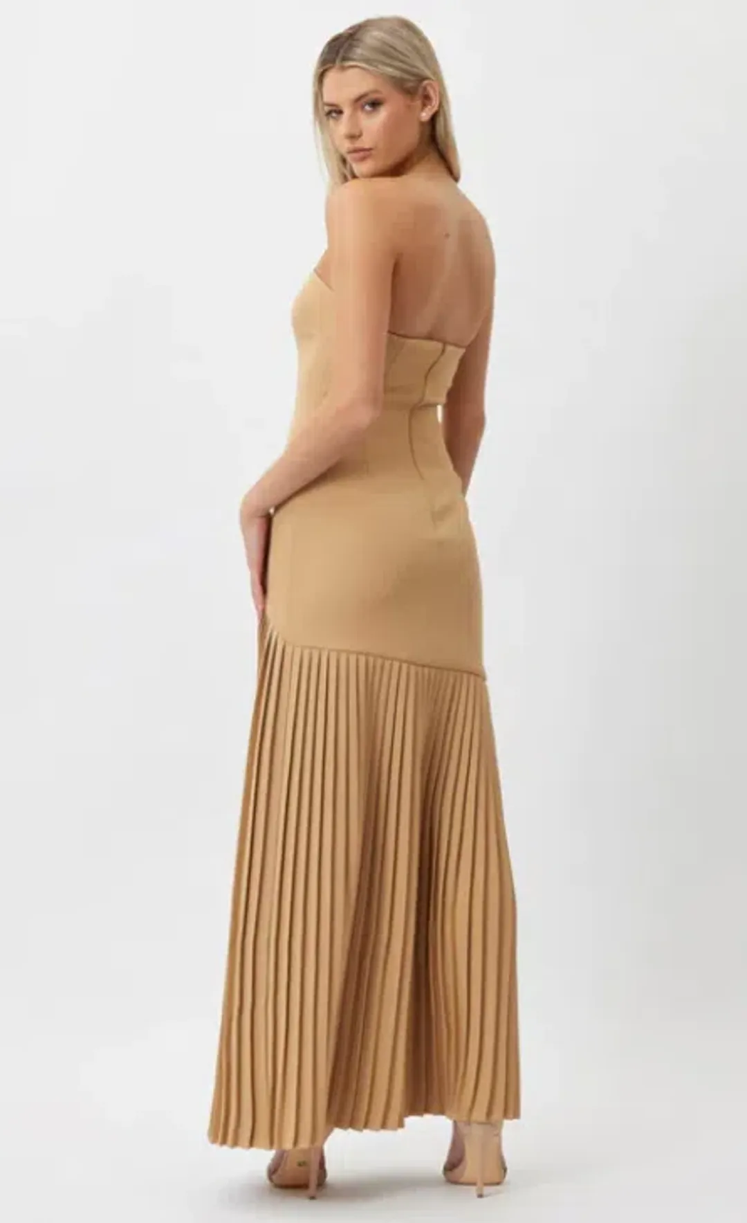 Bianca and Bridgett Mara Pleated Maxi Dress in Beige Gold Size 8 for rent on The Volte - main image