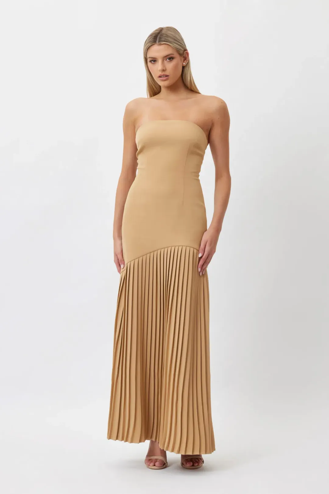 Bianca and Bridgett Mara Pleated Maxi Dress in Beige Gold Size 8 for rent on The Volte - main image