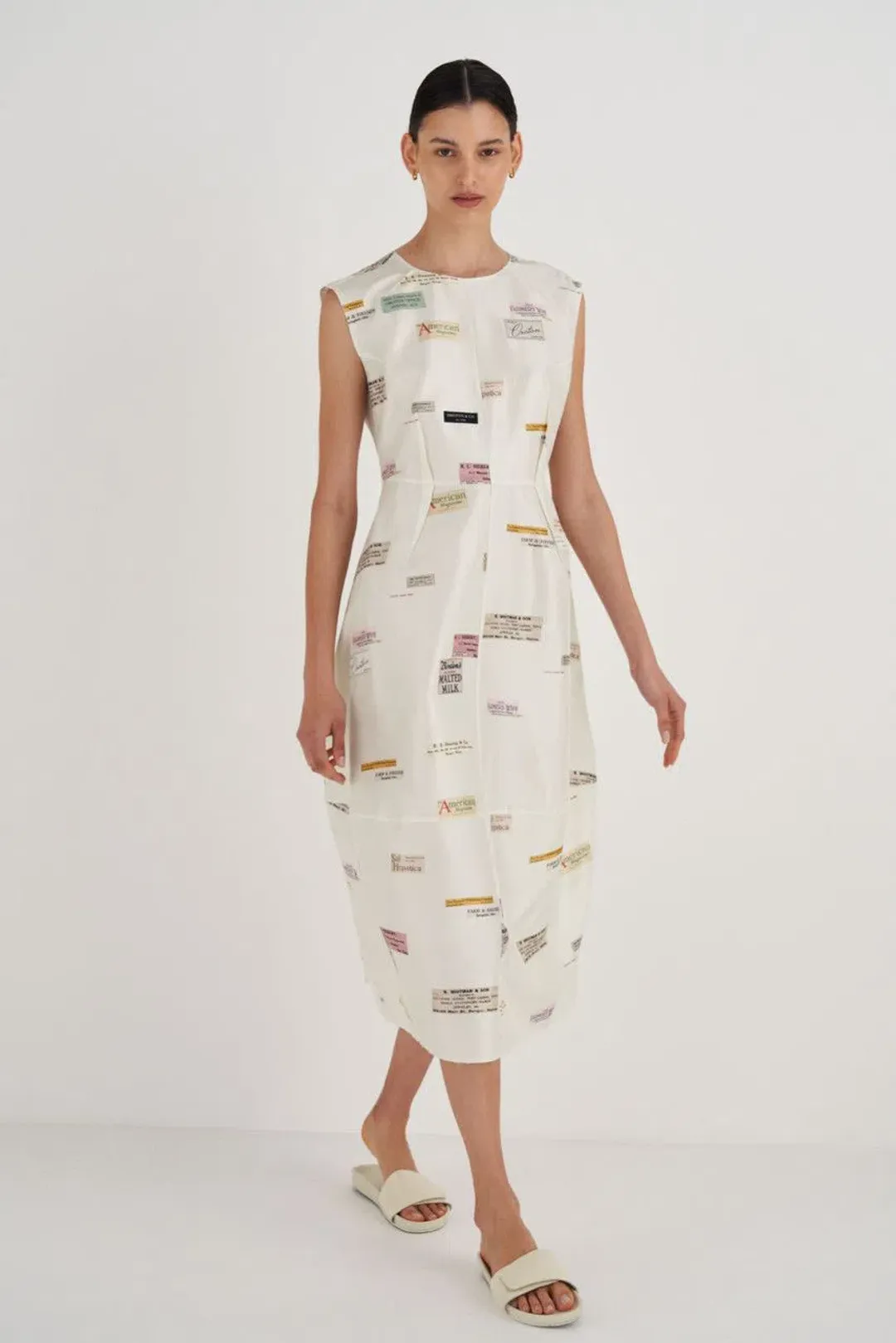 Oroton Structured Spaced Label Midi Dress Soft Cream Print Size 6 for rent on The Volte - main image