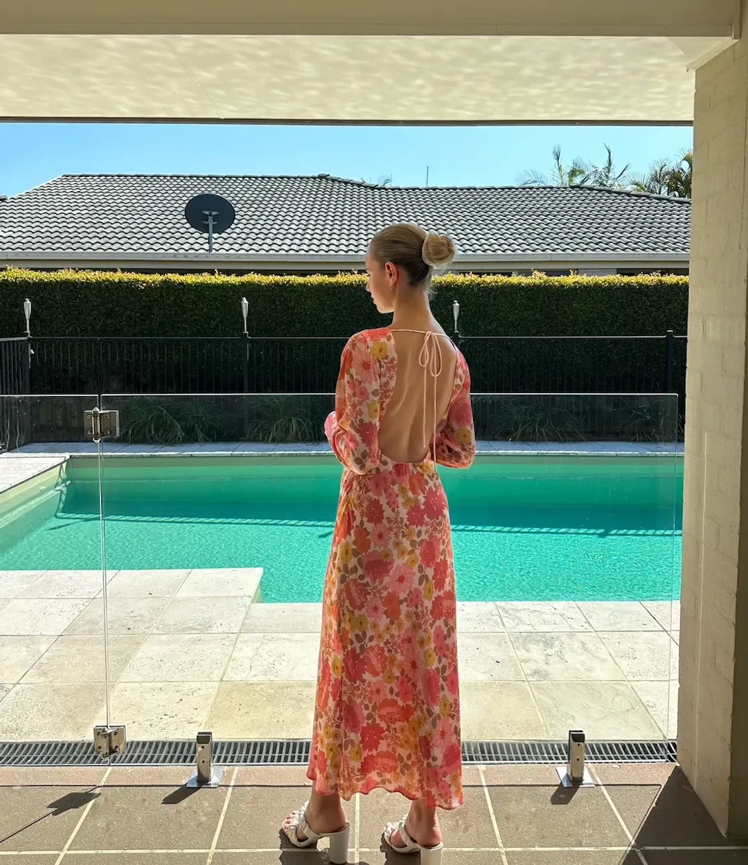 Ownley Zaliah Bias Backless Midi Dress Pink Floral Size 8  for rent on The Volte - main image