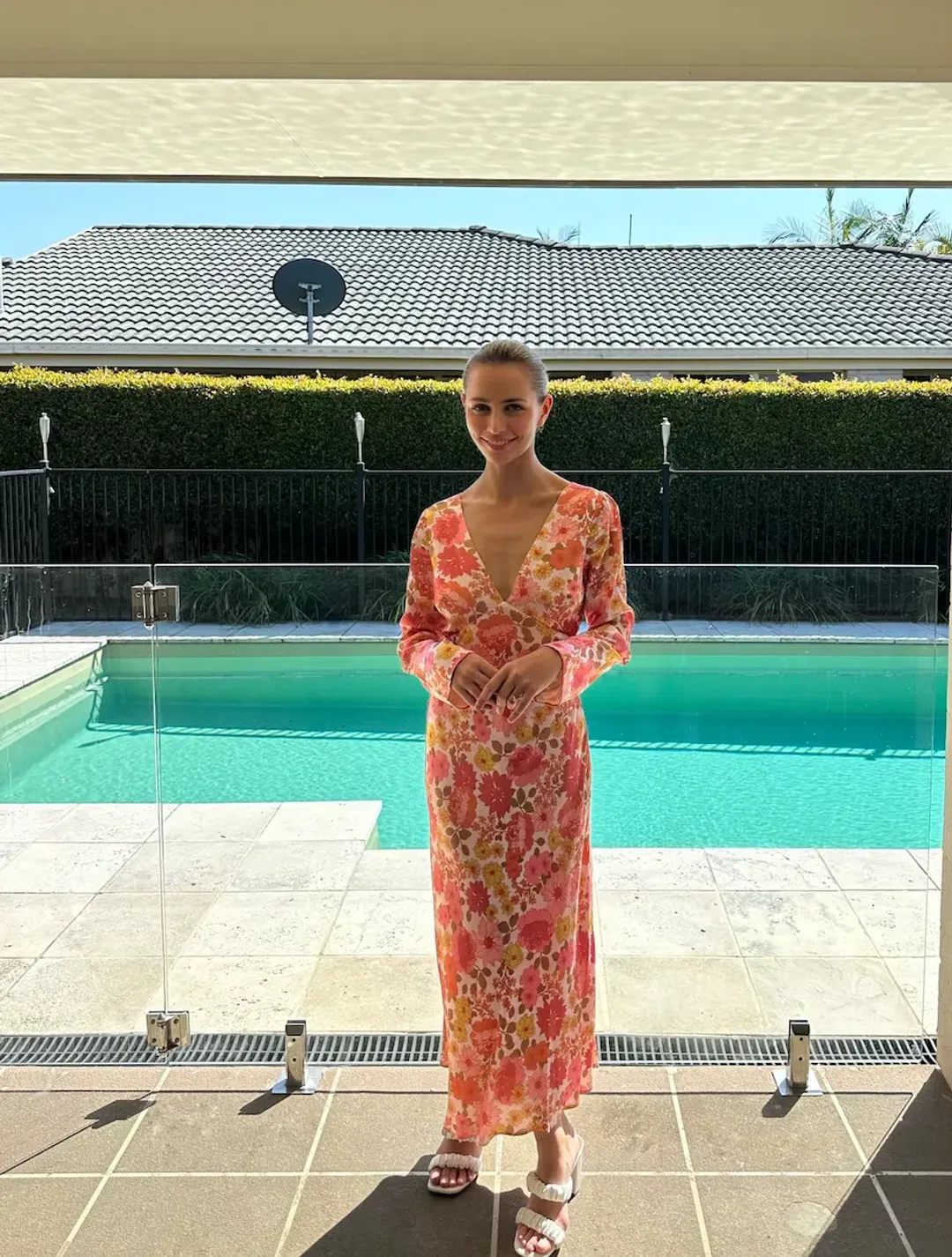 Ownley Zaliah Bias Backless Midi Dress Pink Floral Size 8  for rent on The Volte - main image
