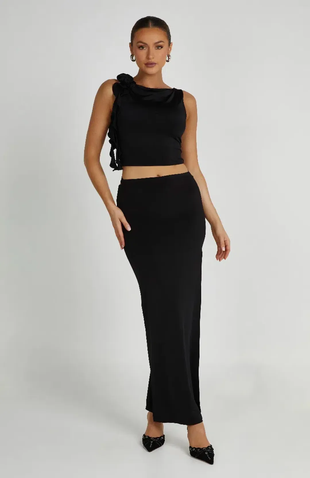 Meshki Jeanine Cowl Back Maxi Skirt and Top Set Black Size 6   for rent on The Volte - main image