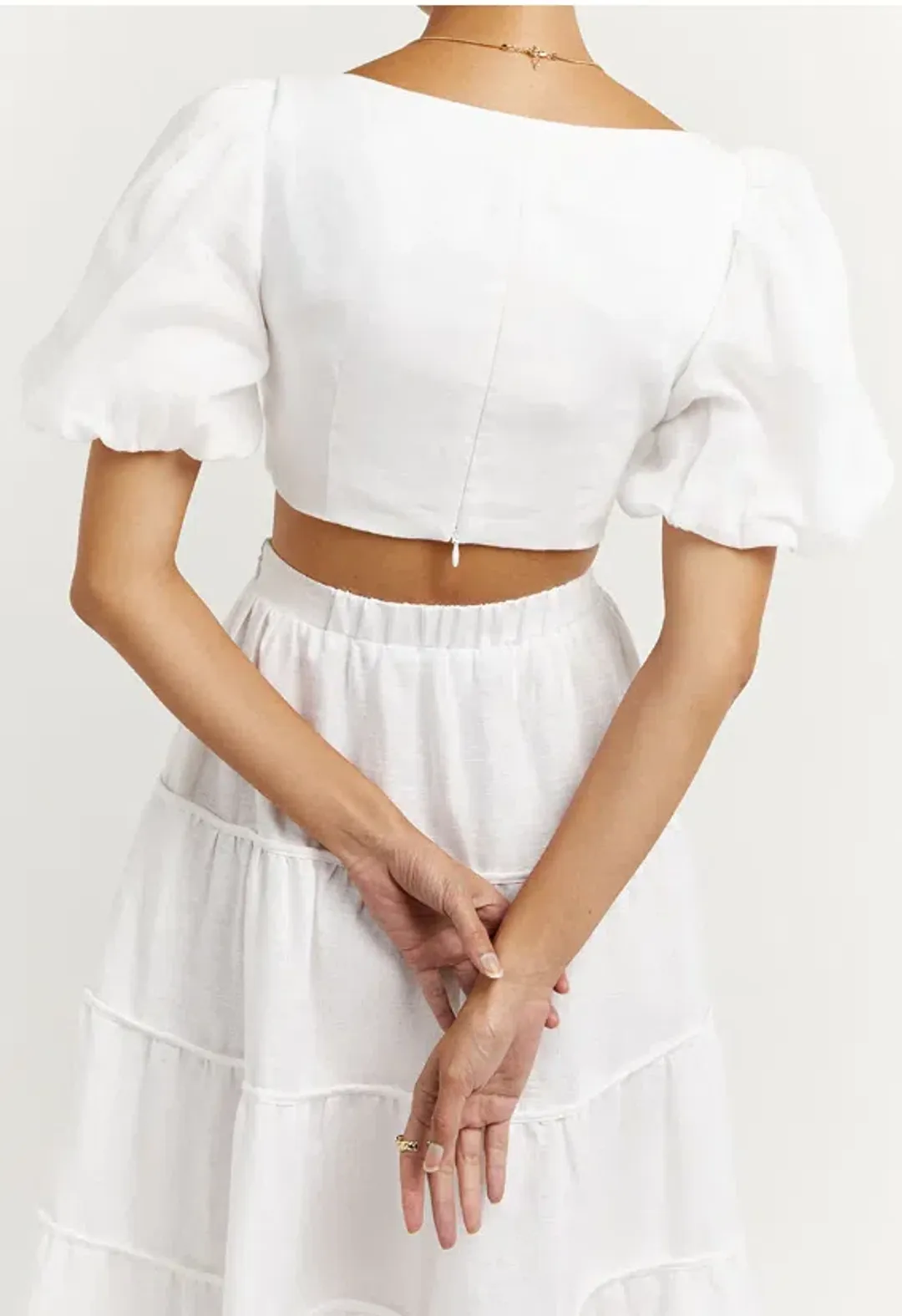 DISSH Aisle Linen Tier Long Skirt and Vienna Linen Curved Crop Top Set White Size 6 AU for rent on The Volte - main image