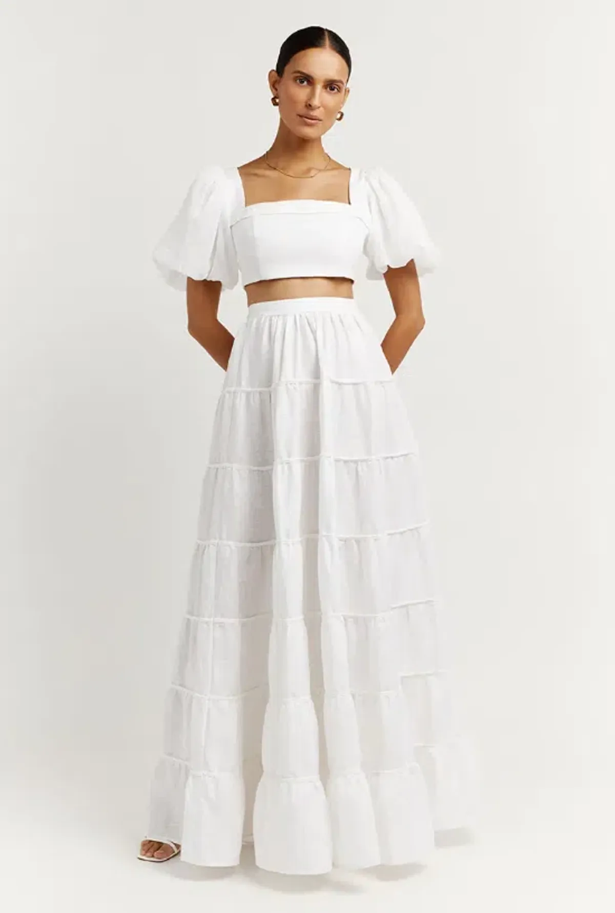 DISSH Aisle Linen Tier Long Skirt and Vienna Linen Curved Crop Top Set White Size 6 AU for rent on The Volte - main image