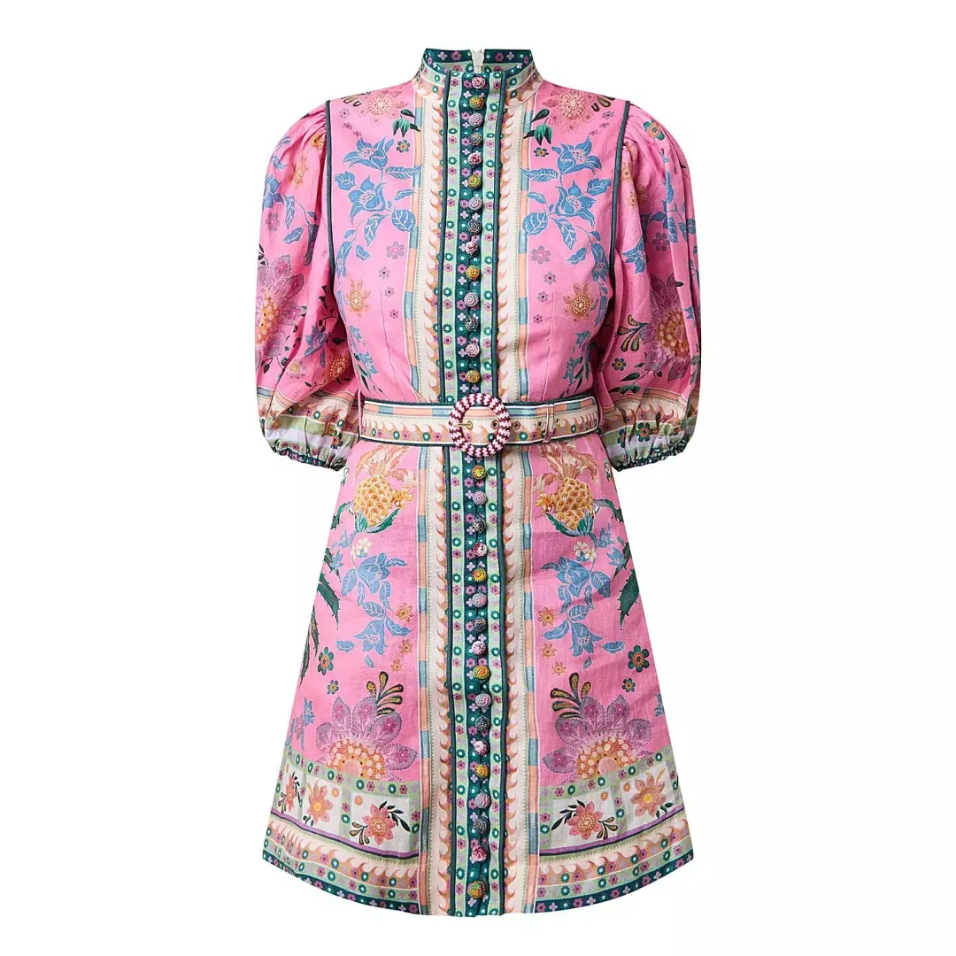 Zimmermann Ginger Buttoned Mini Dress Pink Multi Size 3/Au 14 for rent on The Volte - main image