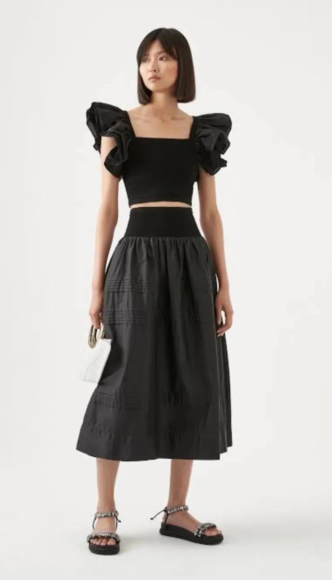 Aje Corinne Knit Bodice Crop Top and Rosalie Knit Waist Midi Skirt Set in Black Size XL / AU 16 for rent on The Volte - main image