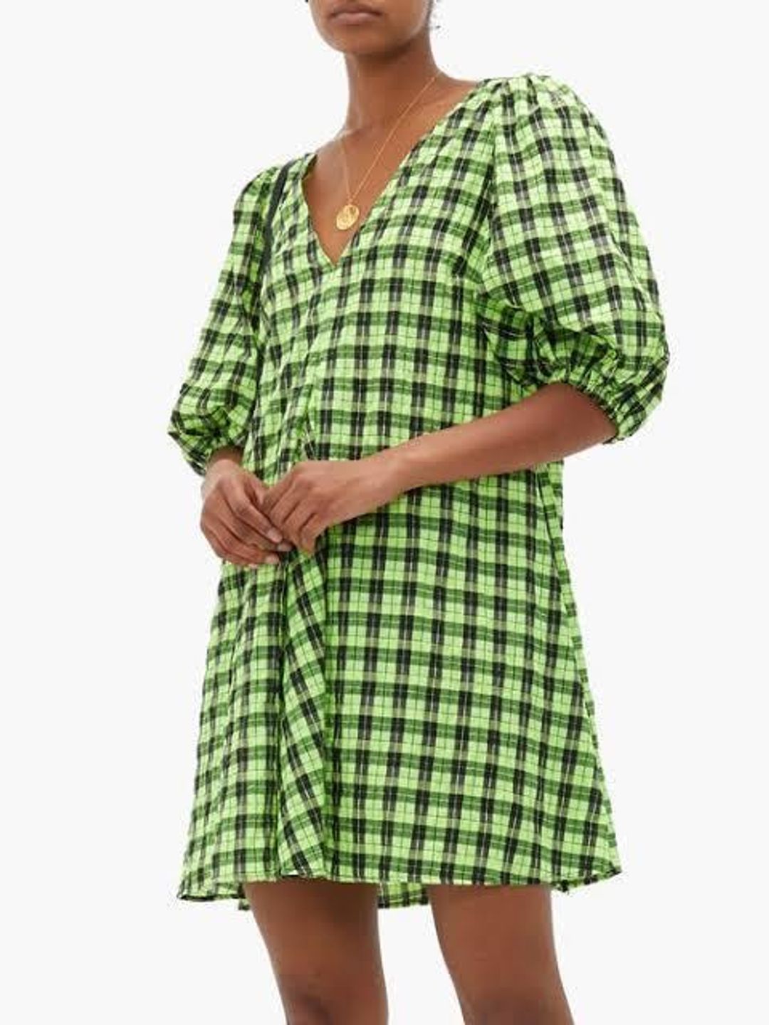 Ganni seersucker check dress green for rent on The Volte - main image