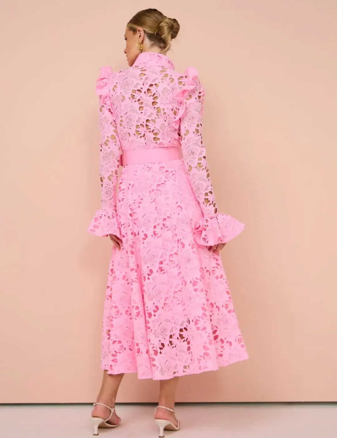 Leo Lin Aliyah Lace Butterfly Sleeve Midi Dress In Candy Pink Size 8  for rent on The Volte - main image