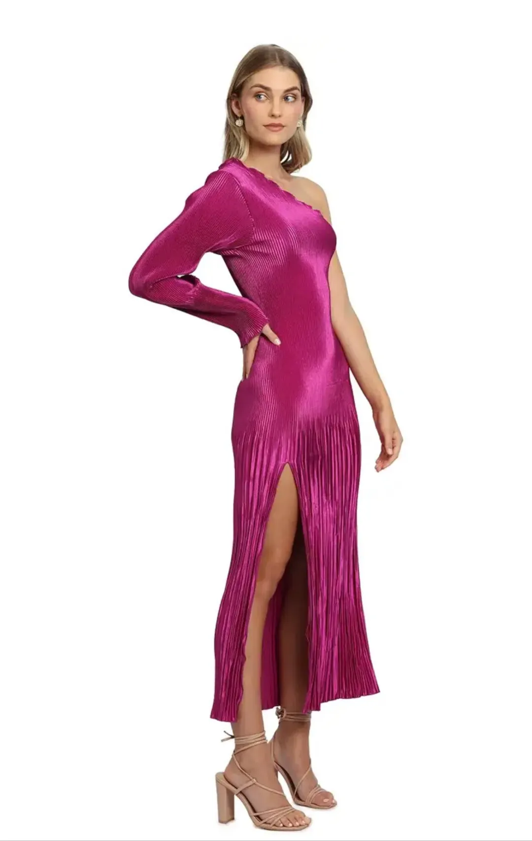L’idée Soirée One Shoulder Long Sleeve Dress in Magenta Pink Size AU 8 for rent on The Volte - main image