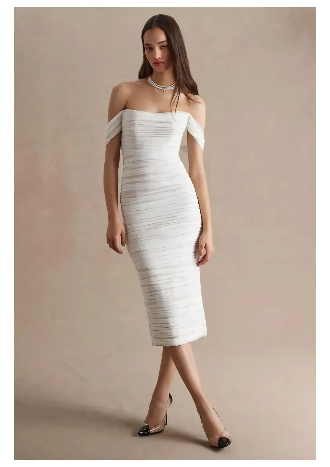 Watters Joanne Ruched Slim Off Shoulder Midi Dress Ivory Nude Size AU 8 for rent on The Volte - main image