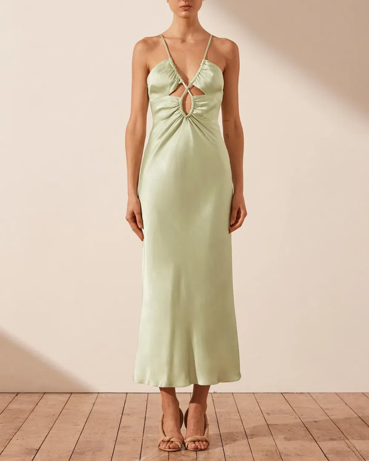 Shona Joy Angelica Keyhole Lace Front Midi Dress in Aloe Vera Size 8 for rent on The Volte - main image
