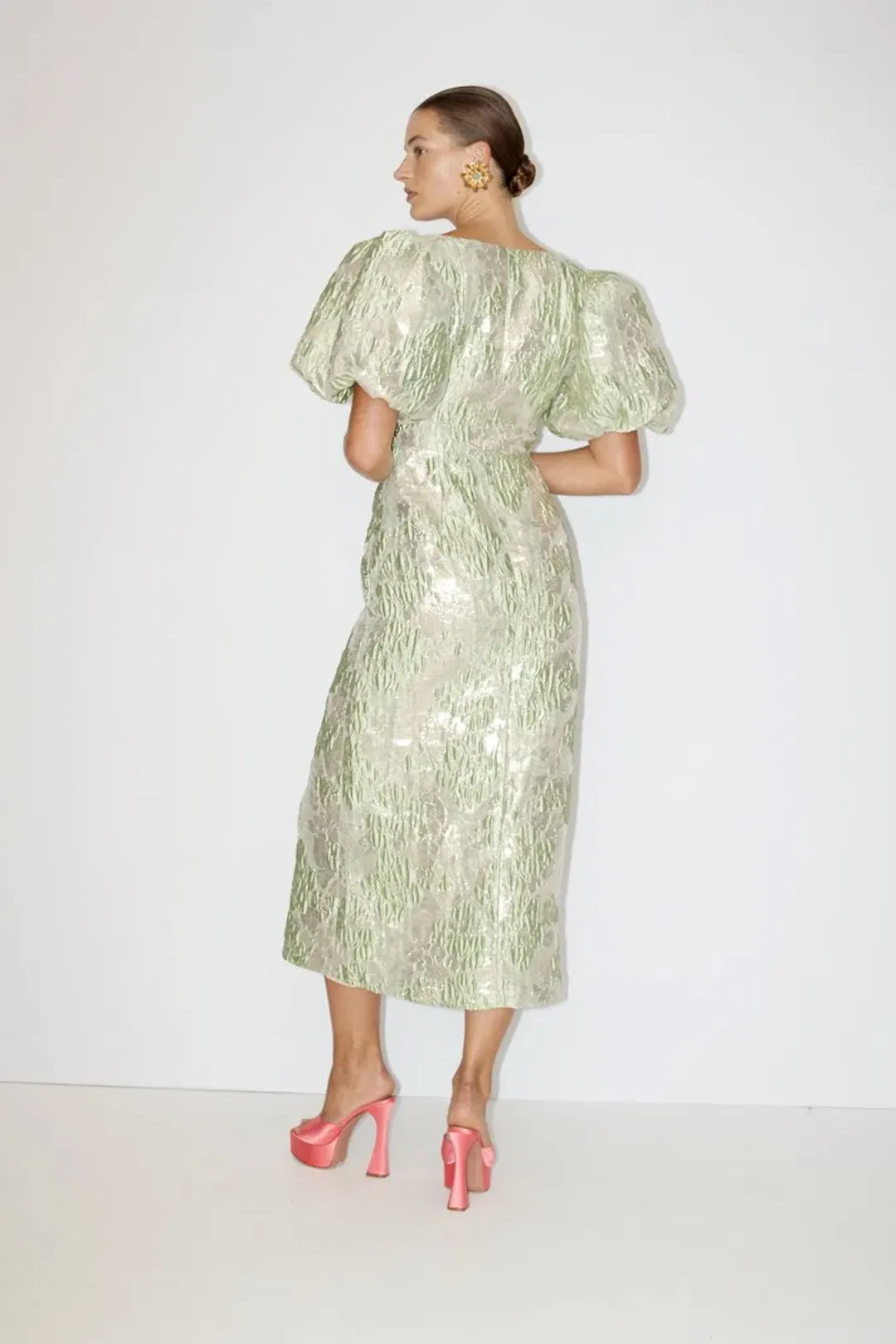 Alemais Mira Puff Sleeve Midi Dress Green Silver Size 14 for rent on The Volte - main image