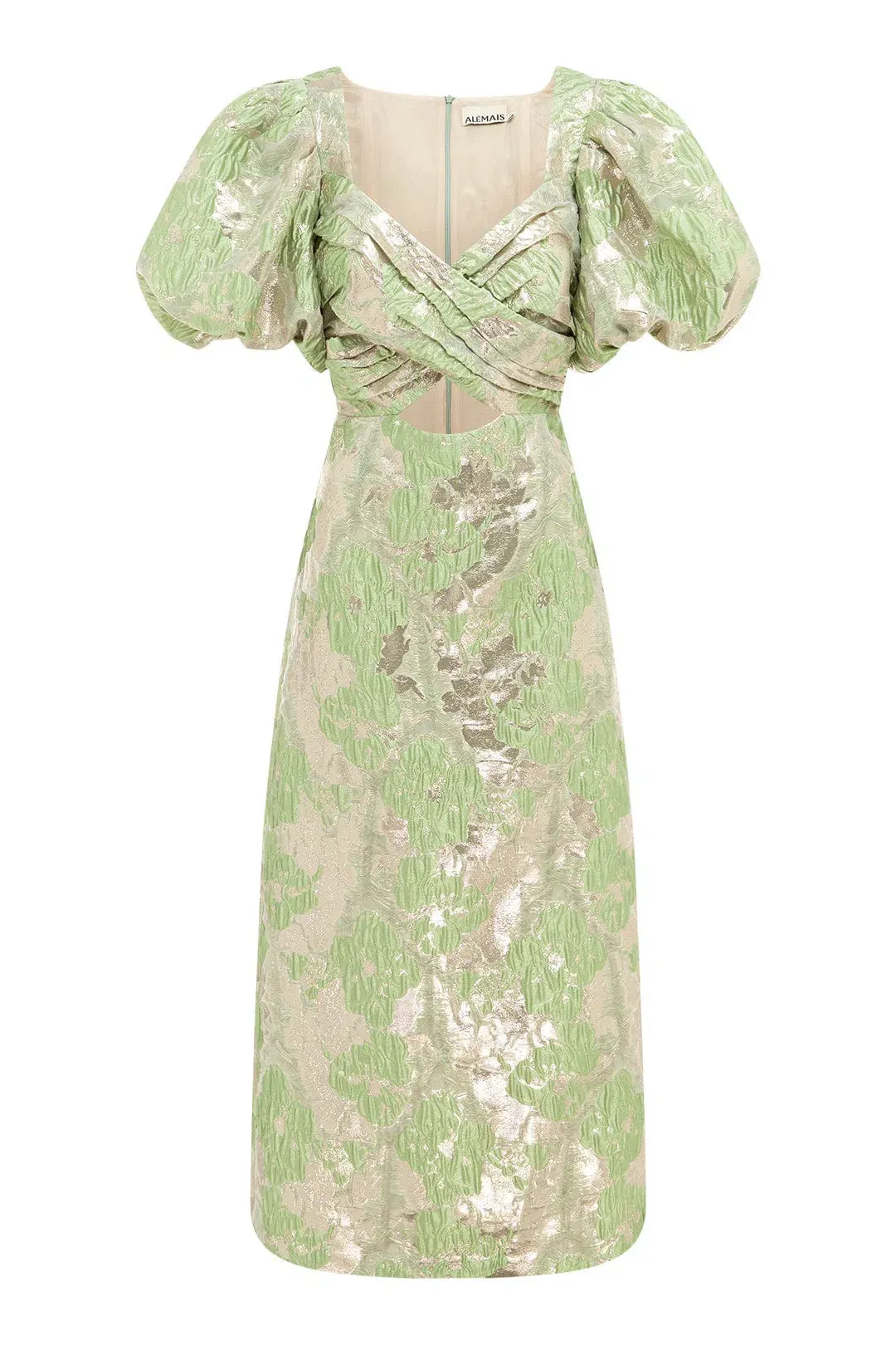 Alemais Mira Puff Sleeve Midi Dress Green Silver Size 14 for rent on The Volte - main image