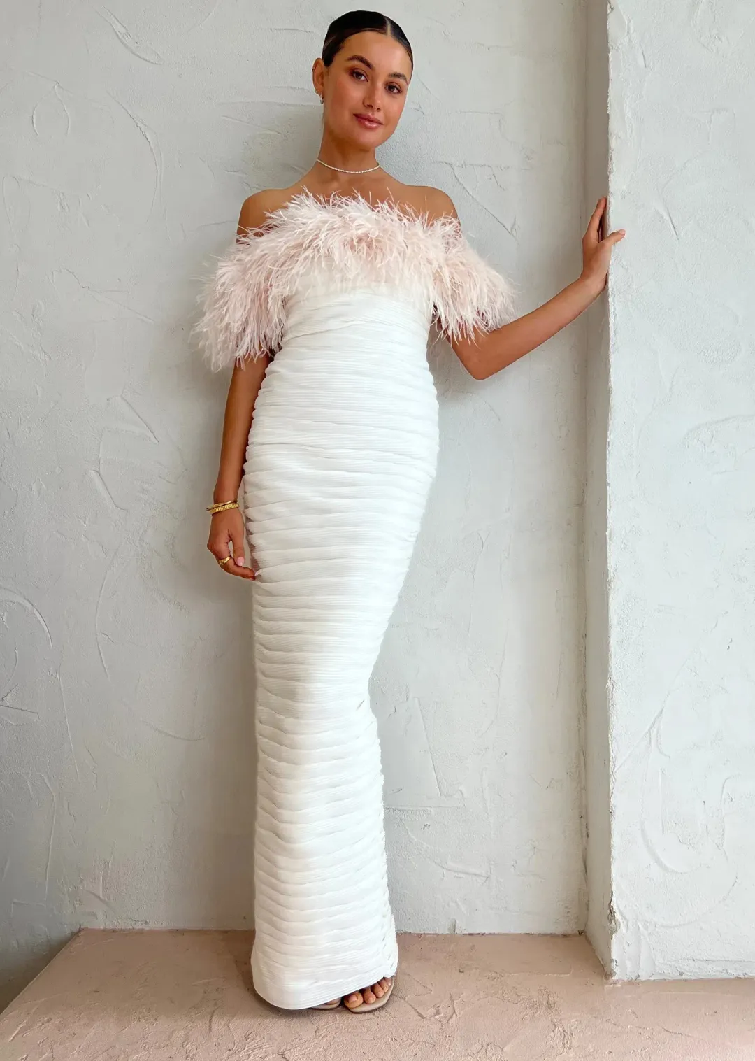 Rachel Gilbert | Zion ivory white, feather-trim Gown | White Size 10 for rent on The Volte - main image