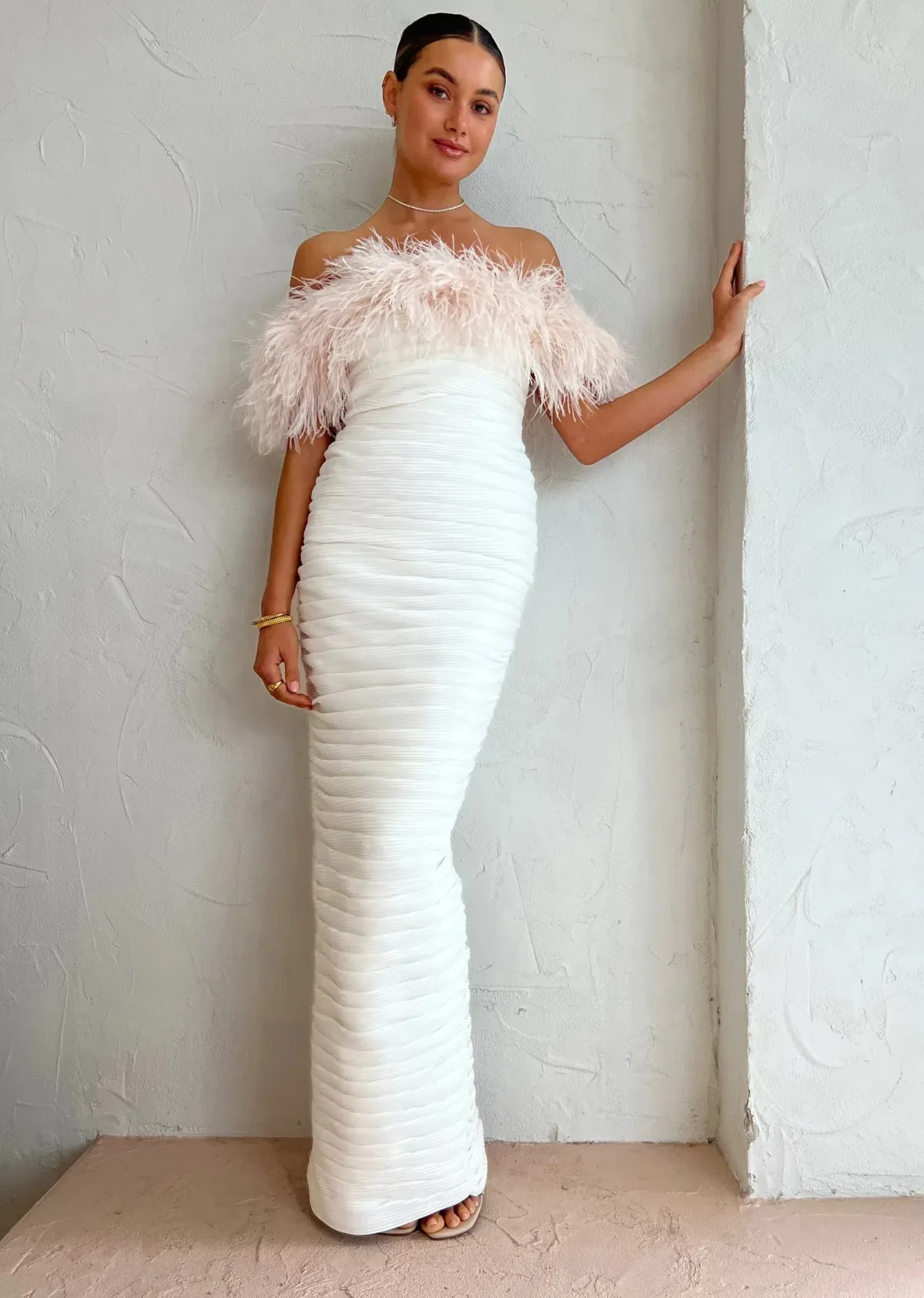 Rachel Gilbert | Zion ivory white, feather-trim Gown | White Size 10 for rent on The Volte - main image