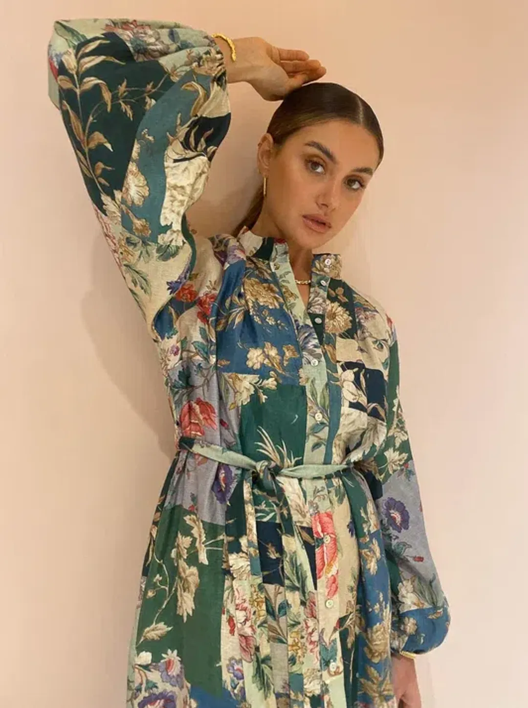 Alemais Loretta Patchwork Shirtdress In Sage Floral Size 16 for rent on The Volte - main image