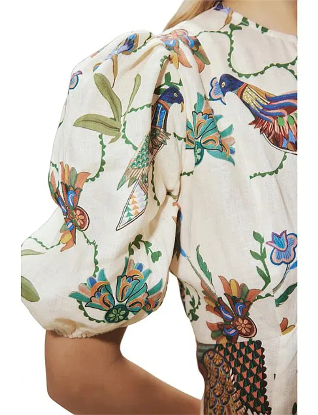 Alemais Birdie Puff-Sleeve Printed Linen Midi Dress Ivory/Print Size 16 for rent on The Volte - main image