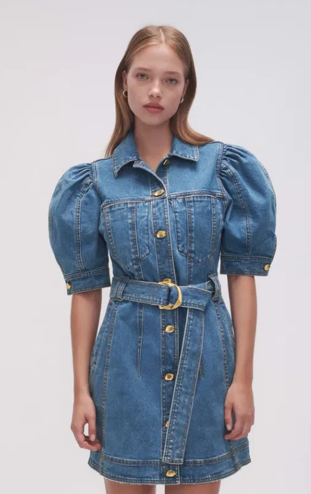 Aje Adriana Puff Sleeve Denim Mini Dress 90's Wash Size 6 for rent on The Volte - main image