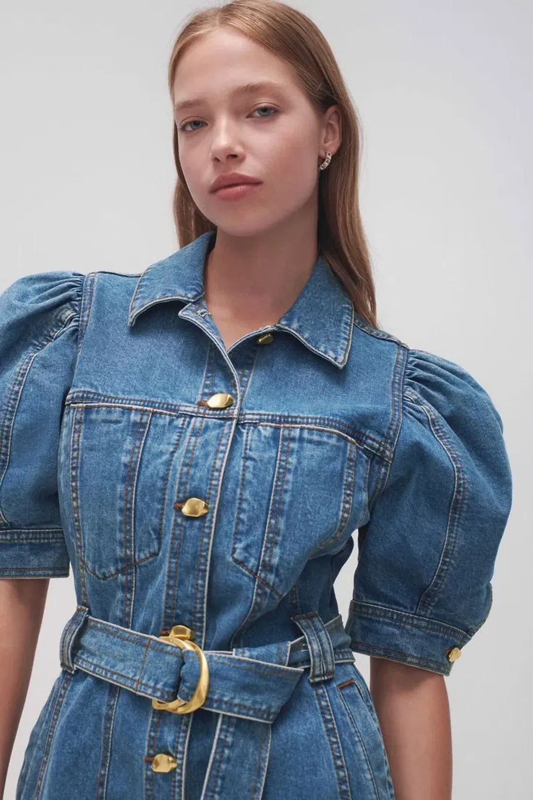 Aje Adriana Puff Sleeve Denim Mini Dress 90's Wash Size 6 for rent on The Volte - main image