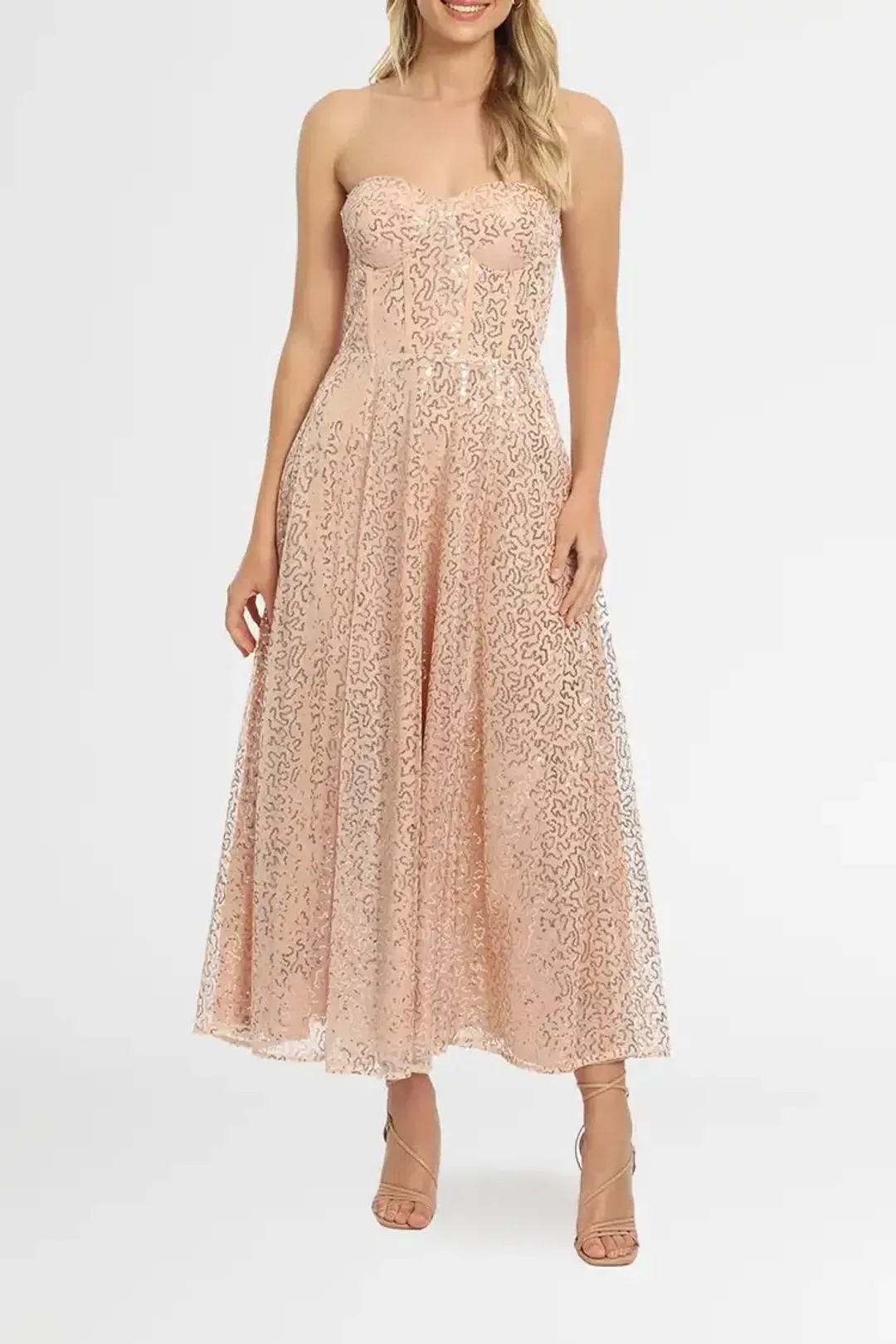 Elle Zeitoune Lana Bustier Midi Dress in Rose Gold Size 16 for rent on The Volte - main image
