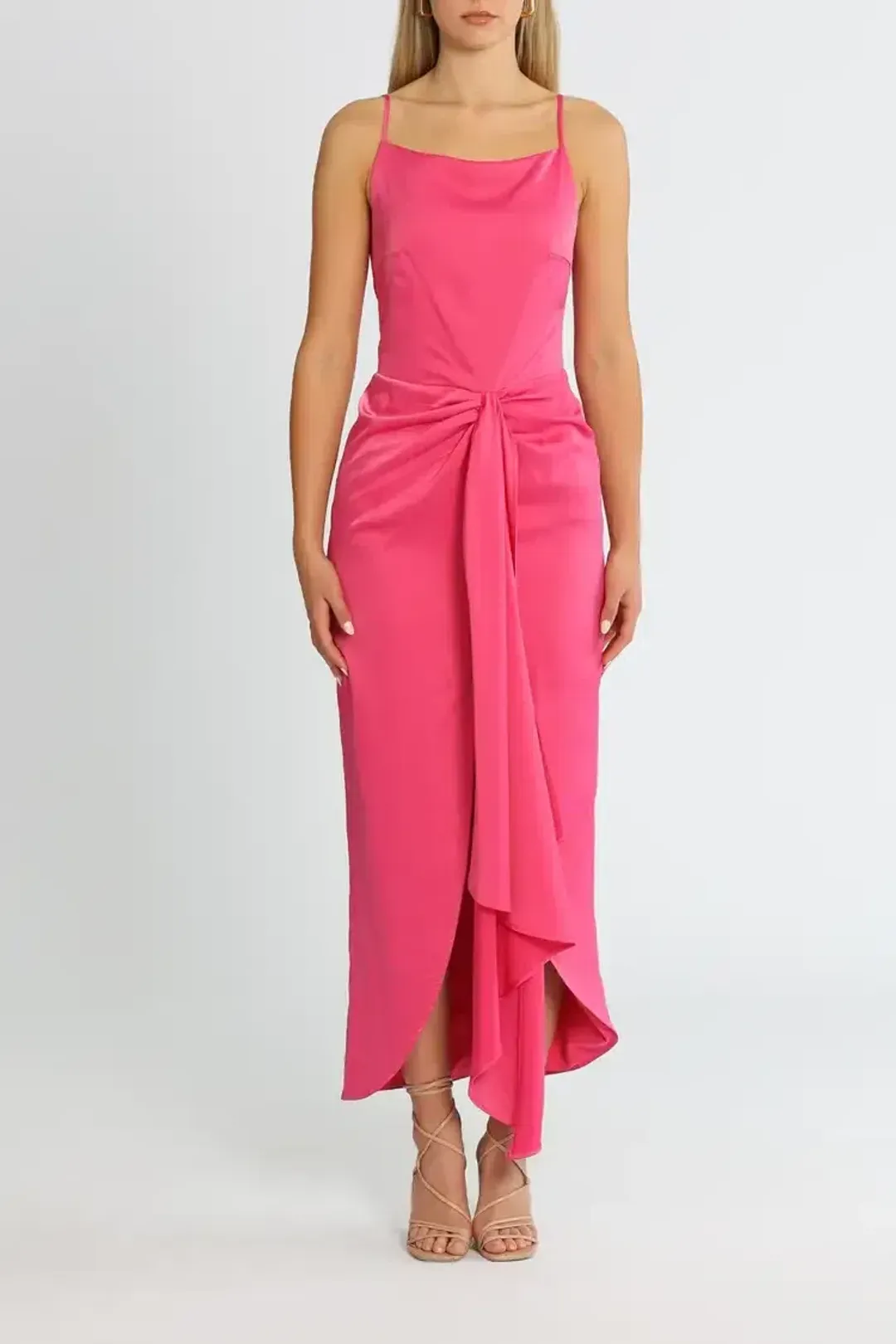 Elle Zeitoune Gathered Waist Midi Dress in Pink Punch Size 10 for rent on The Volte - main image