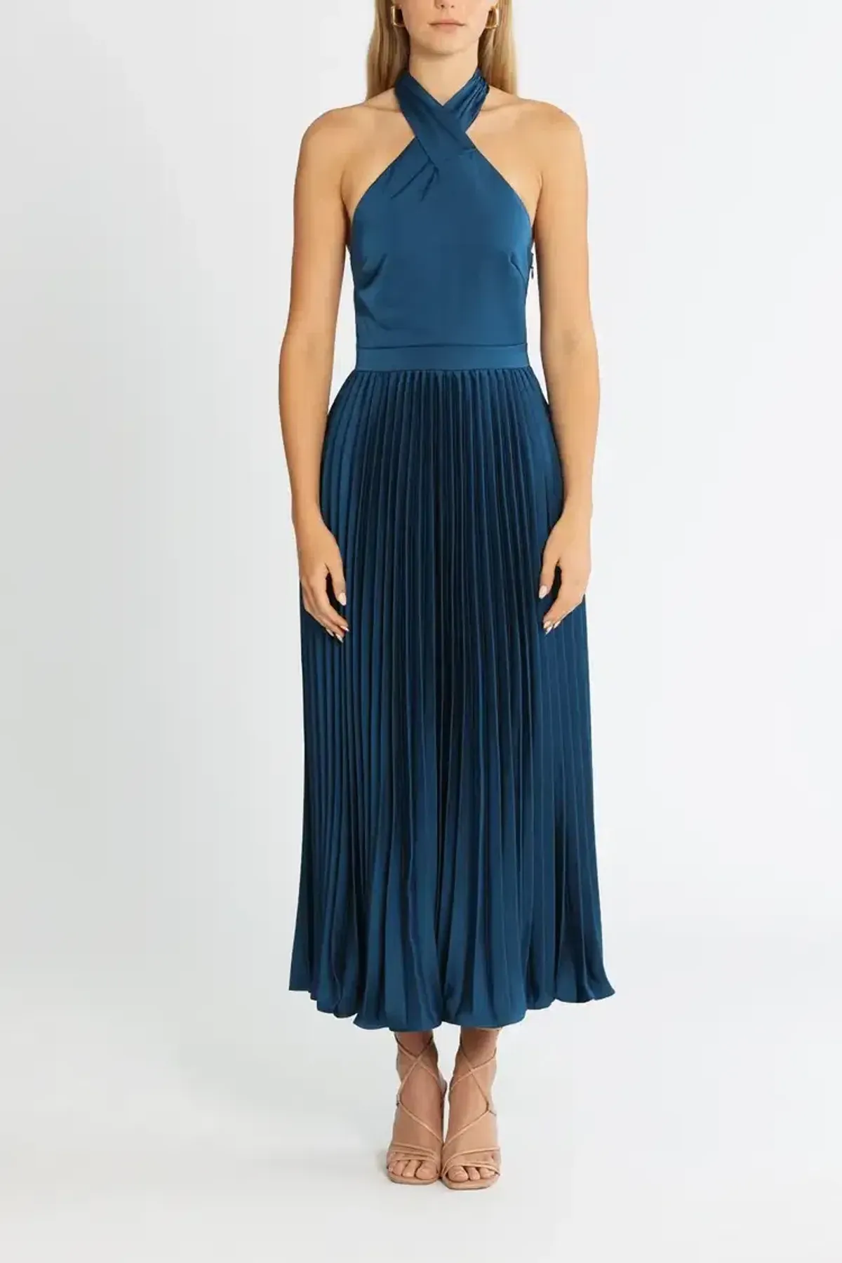 Elle Zeitoune Pleated Halter Midi Dress in Blue Size 8 for rent on The Volte - main image