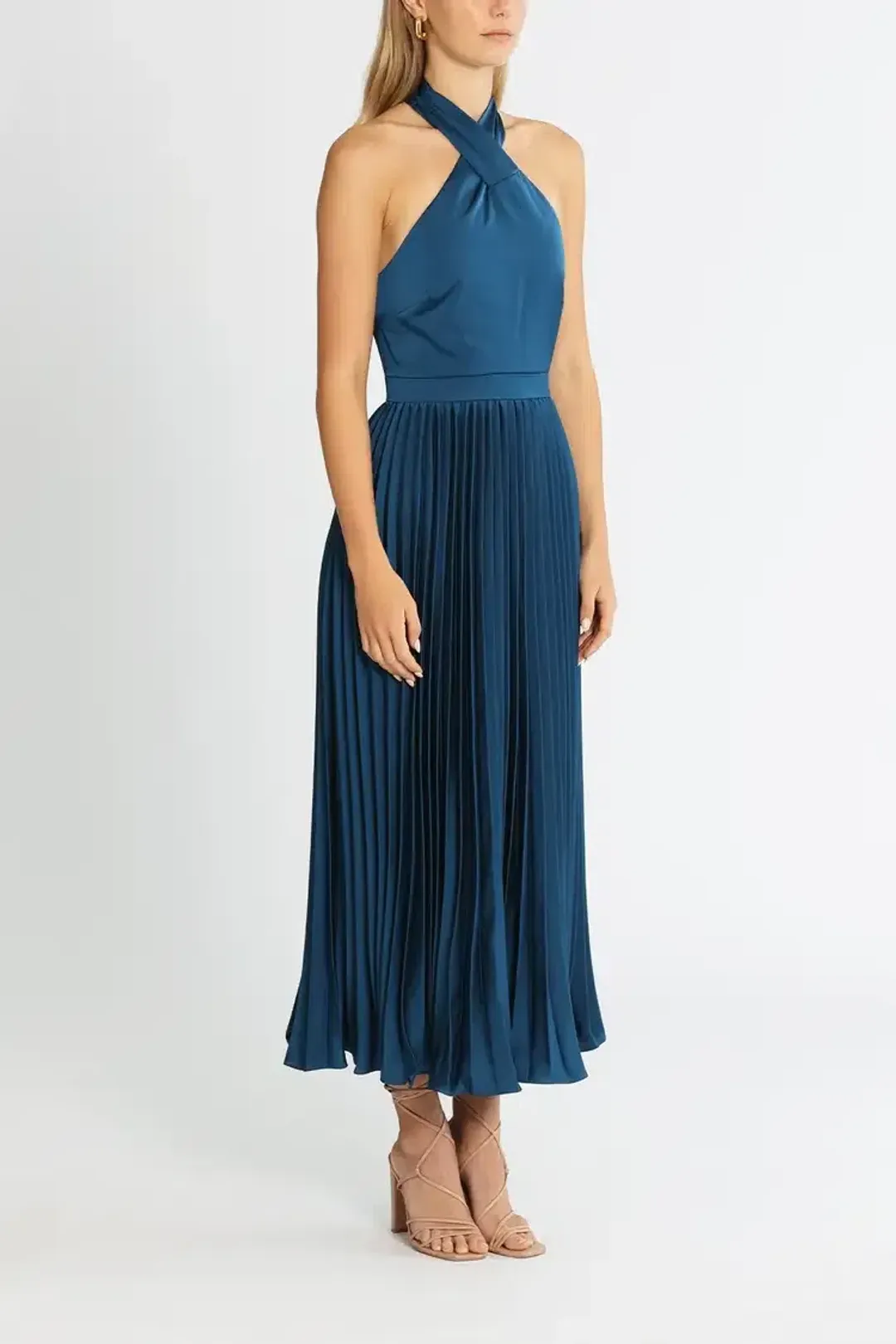 Elle Zeitoune Pleated Halter Midi Dress in Blue Size 8 for rent on The Volte - main image