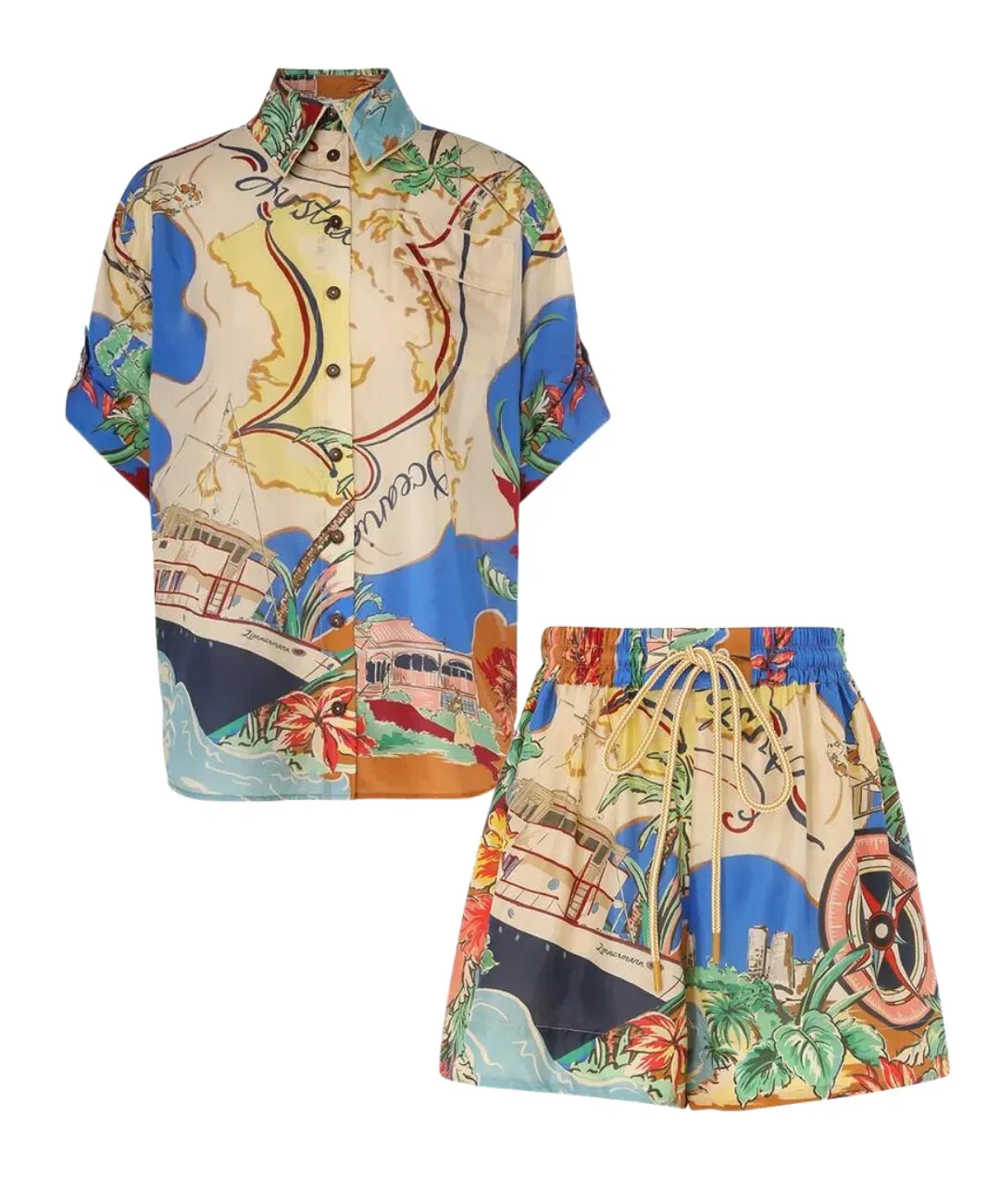 Zimmermann Alight Short Sleeve Shirt and Draw Waist Shorts Set Nautical Map Size 0/Au 8  for rent on The Volte - main image