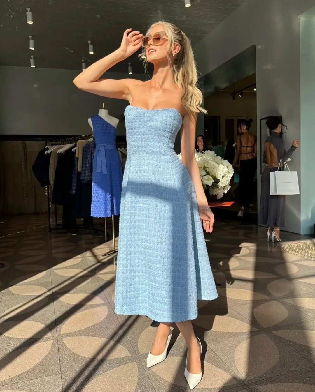 Scanlan Theodore Tweed Boucle Midi Dress Pale Blue Size 8 for rent on The Volte - main image
