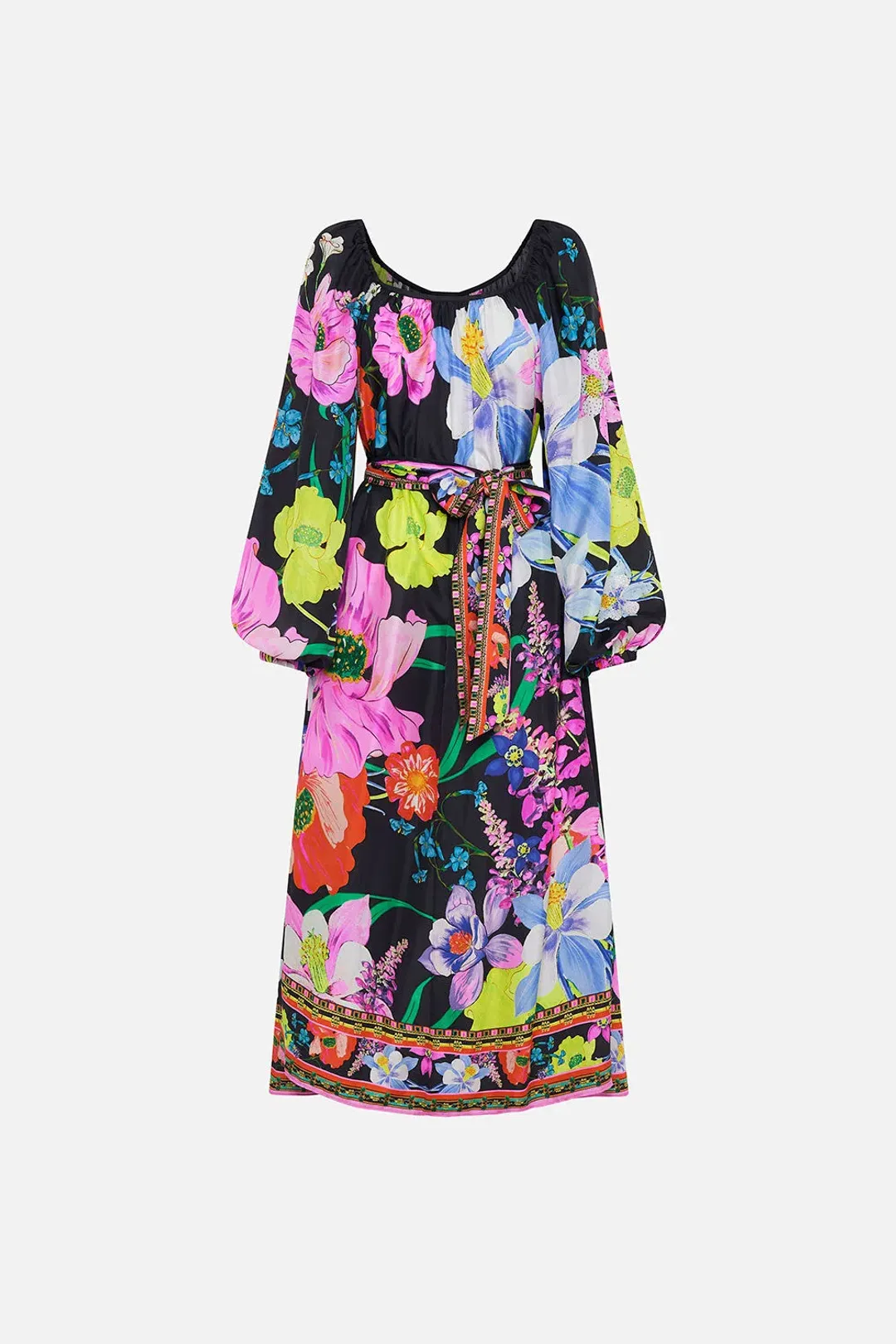 Camilla Gathered Flared Dress Black Floral Size 14 for rent on The Volte - main image