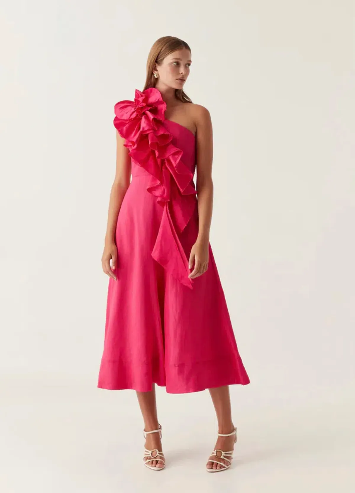 Aje Adelia Ruffle Midi Dress Pink Size 10 for rent on The Volte - main image