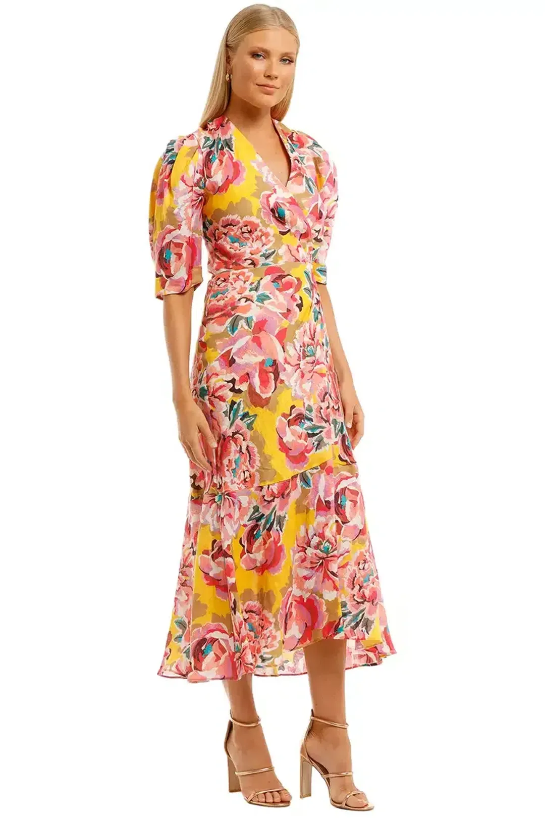 Ginger & Smart Flourish Wrap Midi Dress in Yellow Floral Size 14 for rent on The Volte - main image