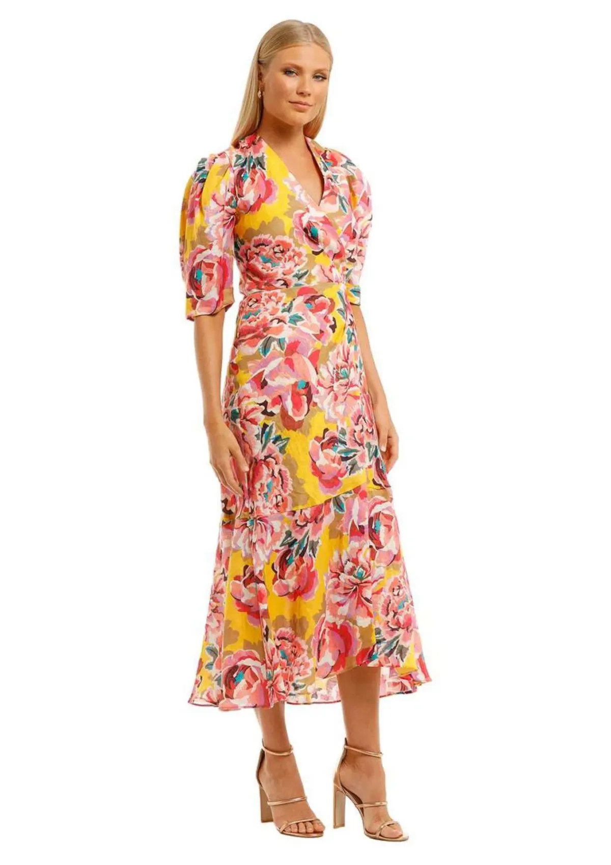 Ginger & Smart Flourish Wrap Midi Dress in Yellow Floral Size 16 for rent on The Volte - main image