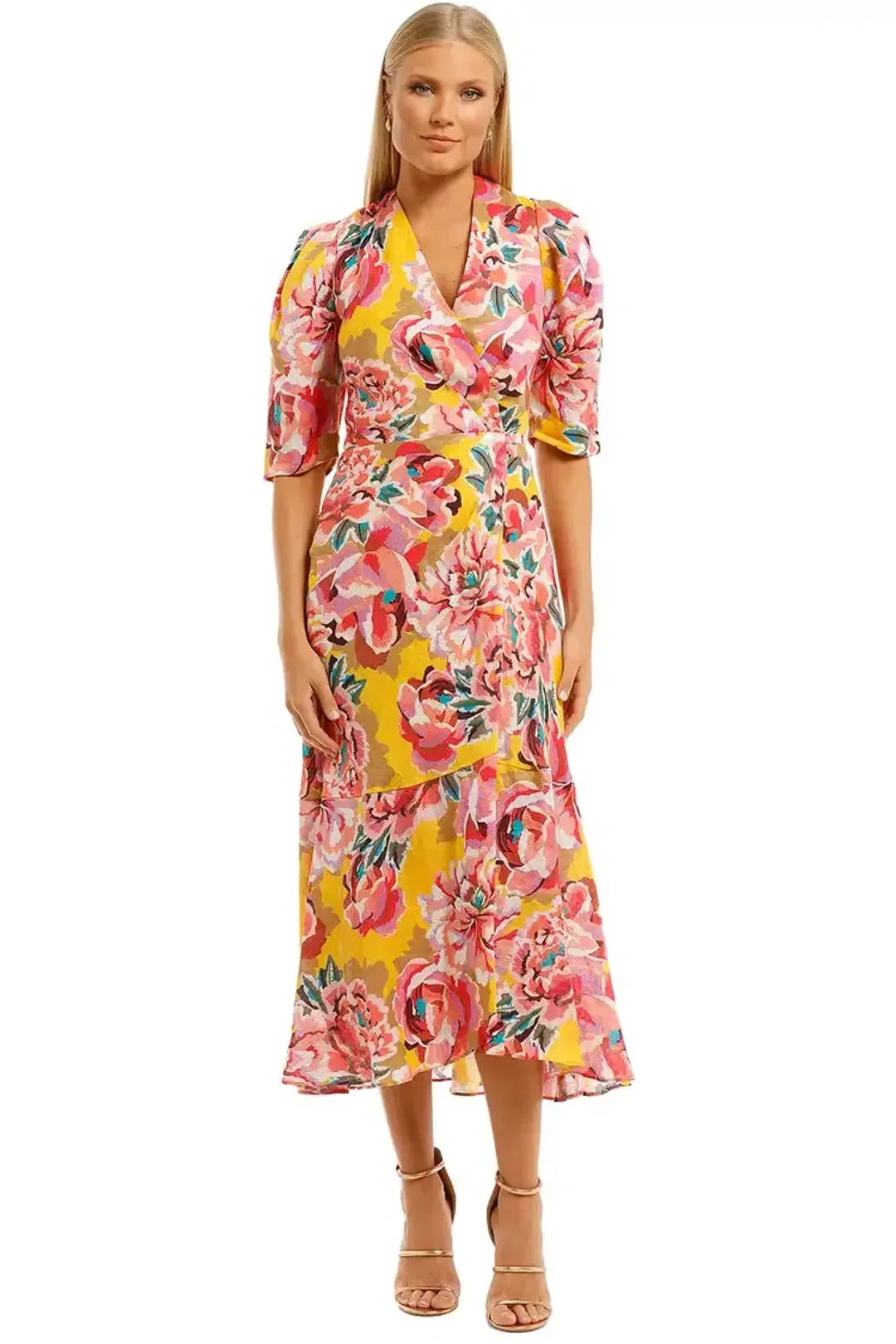 Ginger & Smart Flourish Wrap Midi Dress in Yellow Floral Size 16 for rent on The Volte - main image
