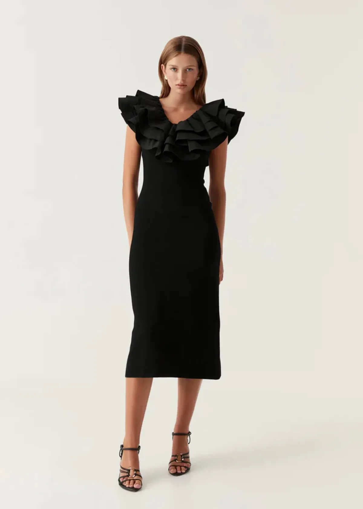 Aje Transcendent Ruffle Midi Dress Black Size 14 for rent on The Volte - main image
