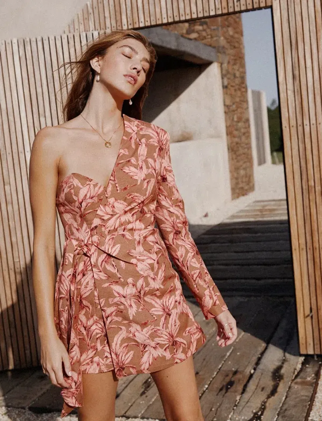 Significant Other Eva One Sleeve Mini Dress Palm Print Size 6 for rent on The Volte - main image