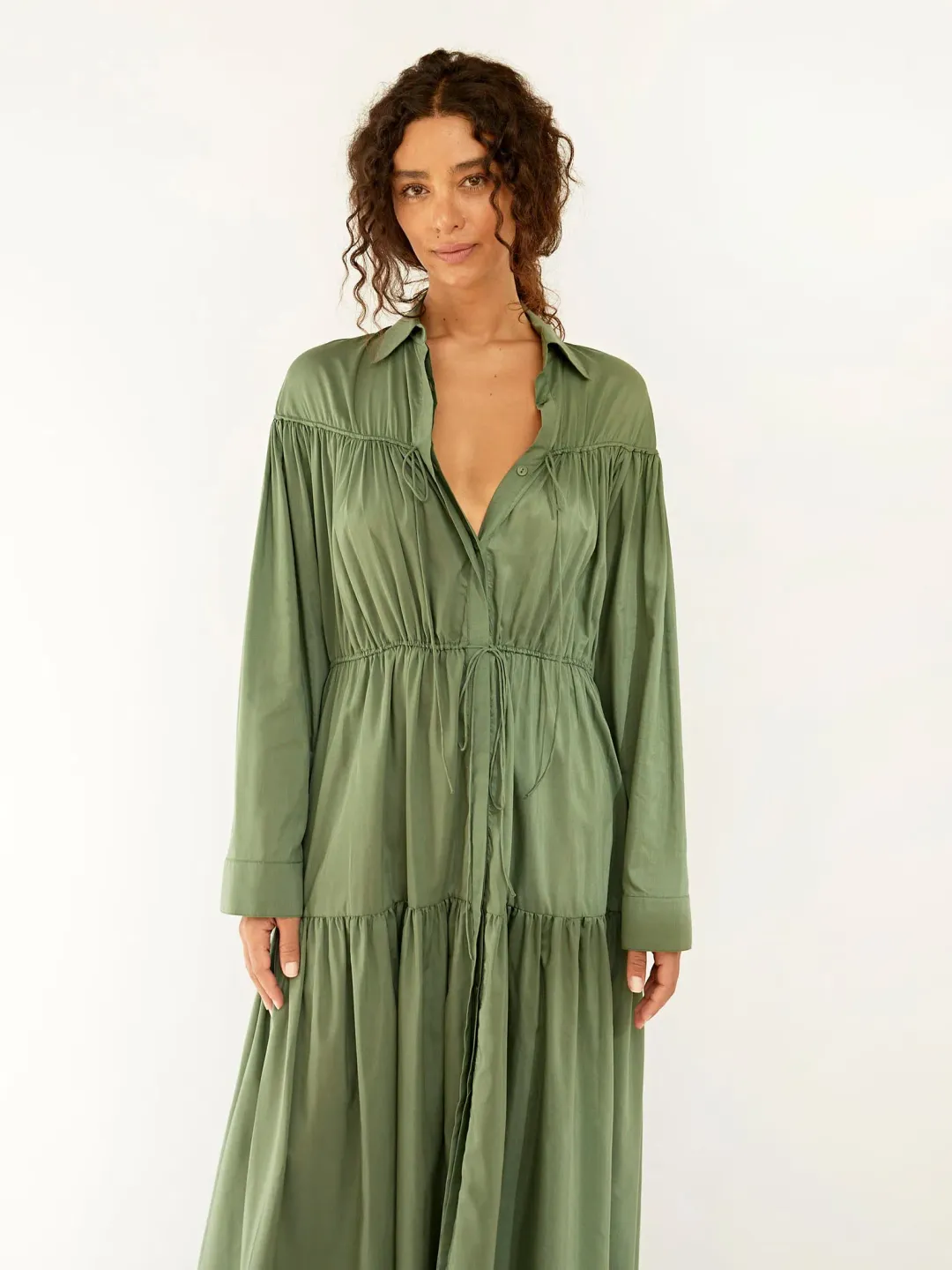 Matteau Tiered Drawcord Dress in Fern Size 3 / AU 12 for rent on The Volte - main image