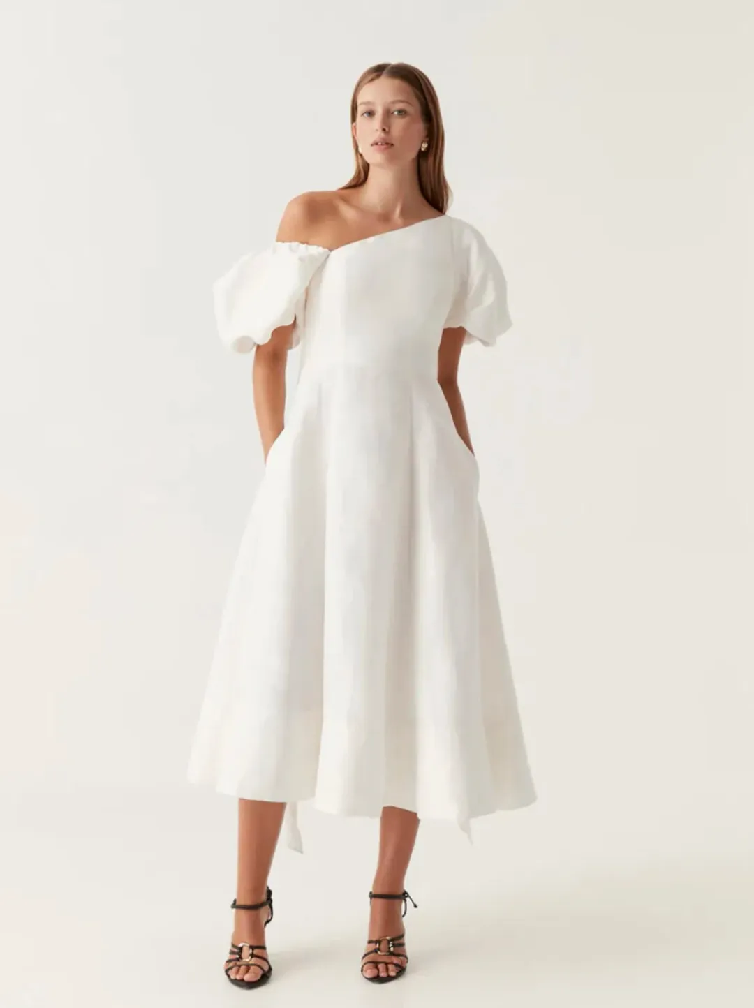 Aje Arista Tulip Sleeve Midi Dress Ivory Size 14  for rent on The Volte - main image