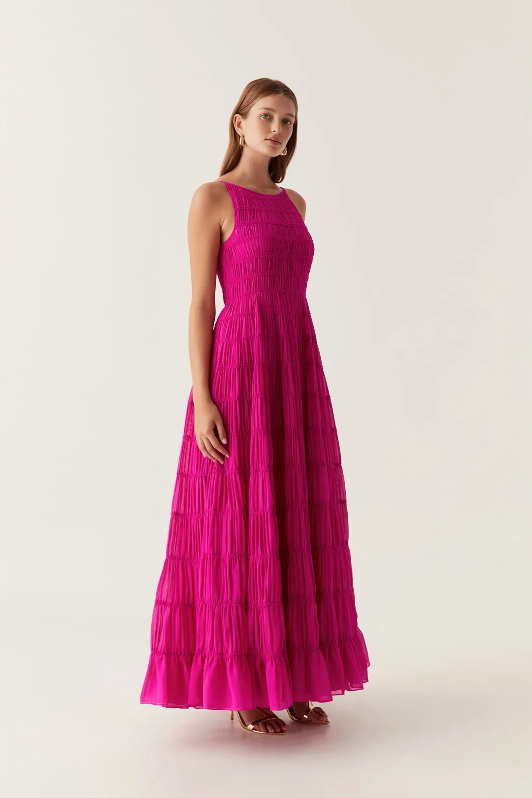 Aje Rosewood Ruched Maxi Dress Magenta Size 6 for rent on The Volte - main image