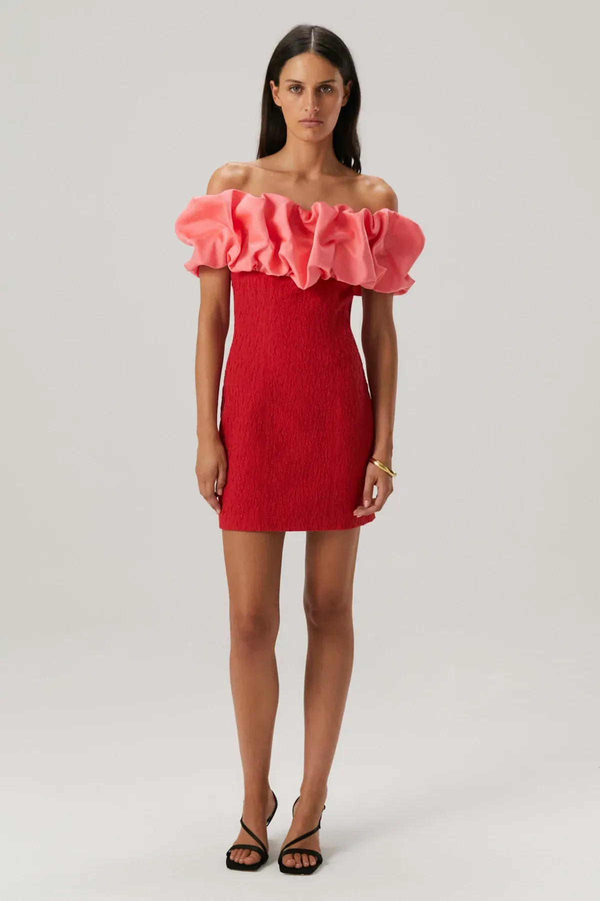 Misha Mylah Bonded Crepe Mini Dress in Watermelon Pink/Scarlett Red Size 10 for rent on The Volte - main image