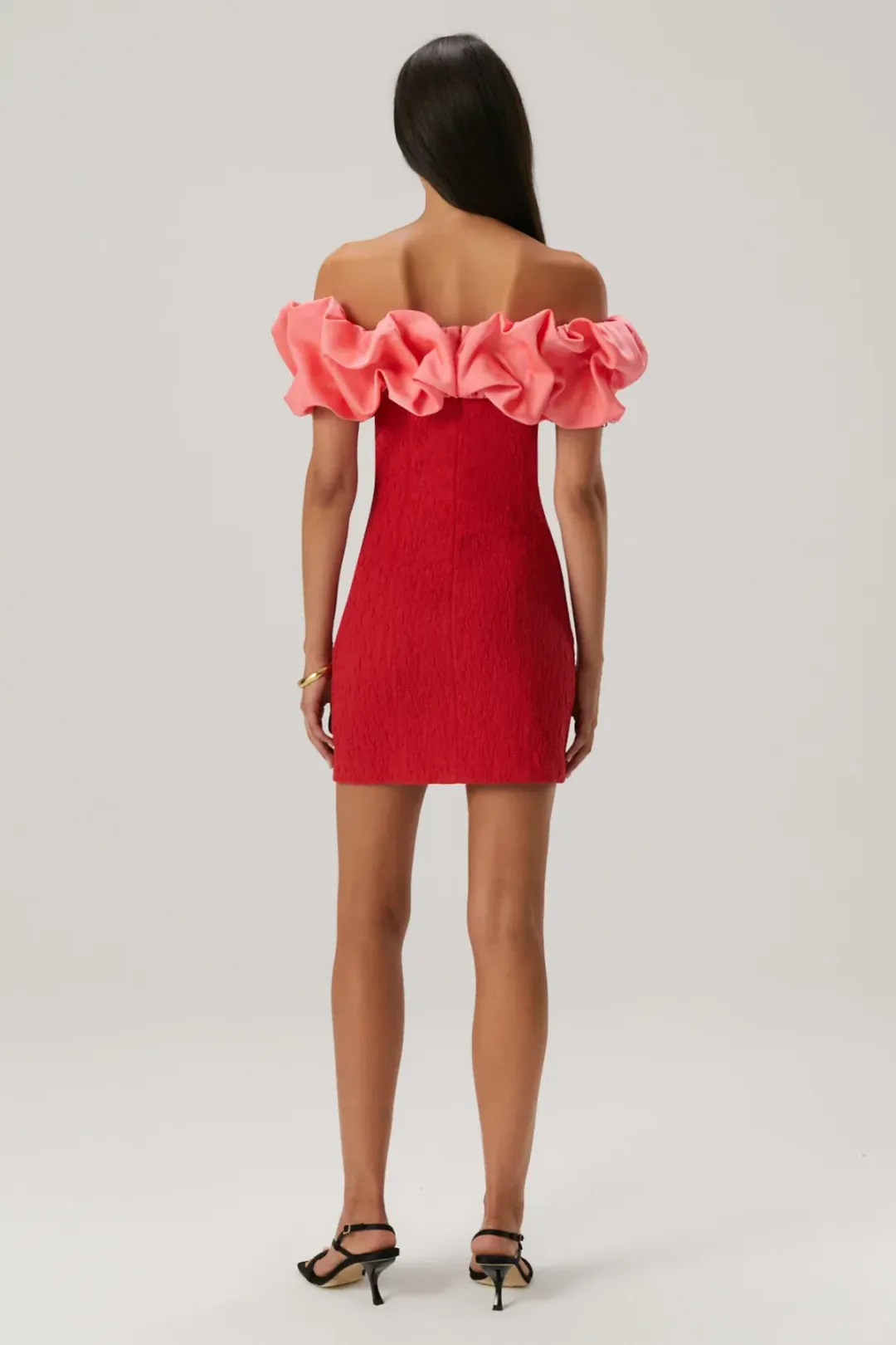 Misha Mylah Bonded Crepe Mini Dress in Watermelon Pink/Scarlett Red Size 10 for rent on The Volte - main image