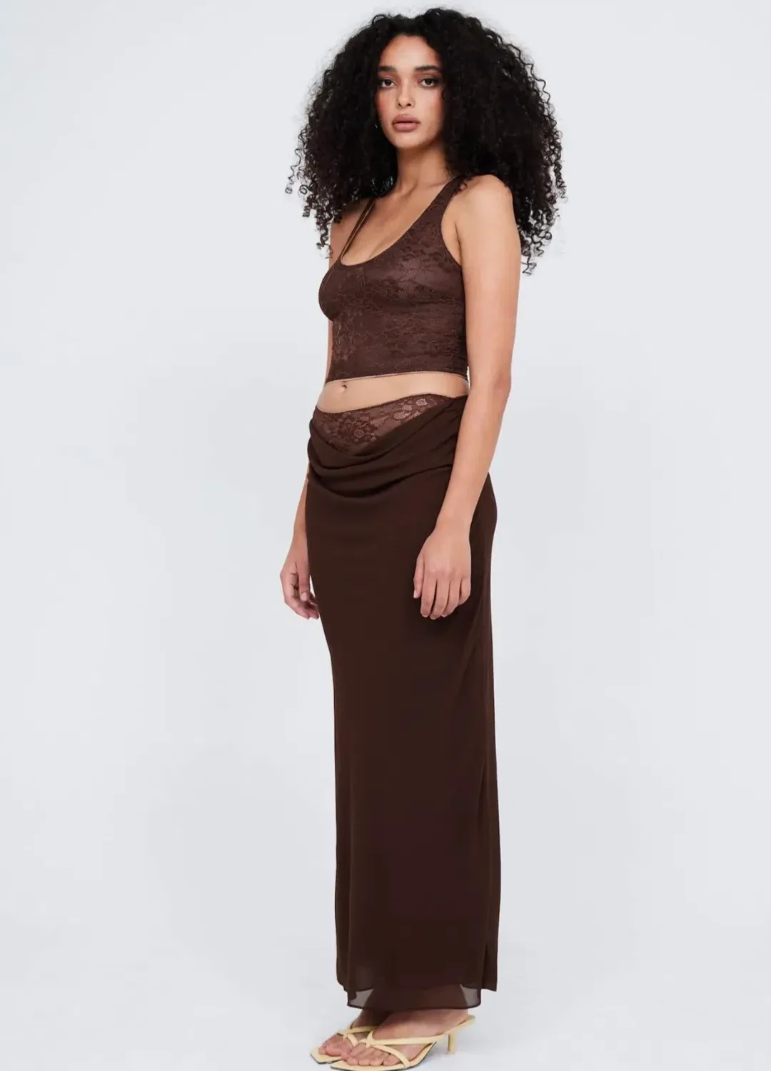 Benni Valentino Lace Top and Lace Insert Skirt Set Brown Size 8 for rent on The Volte - main image
