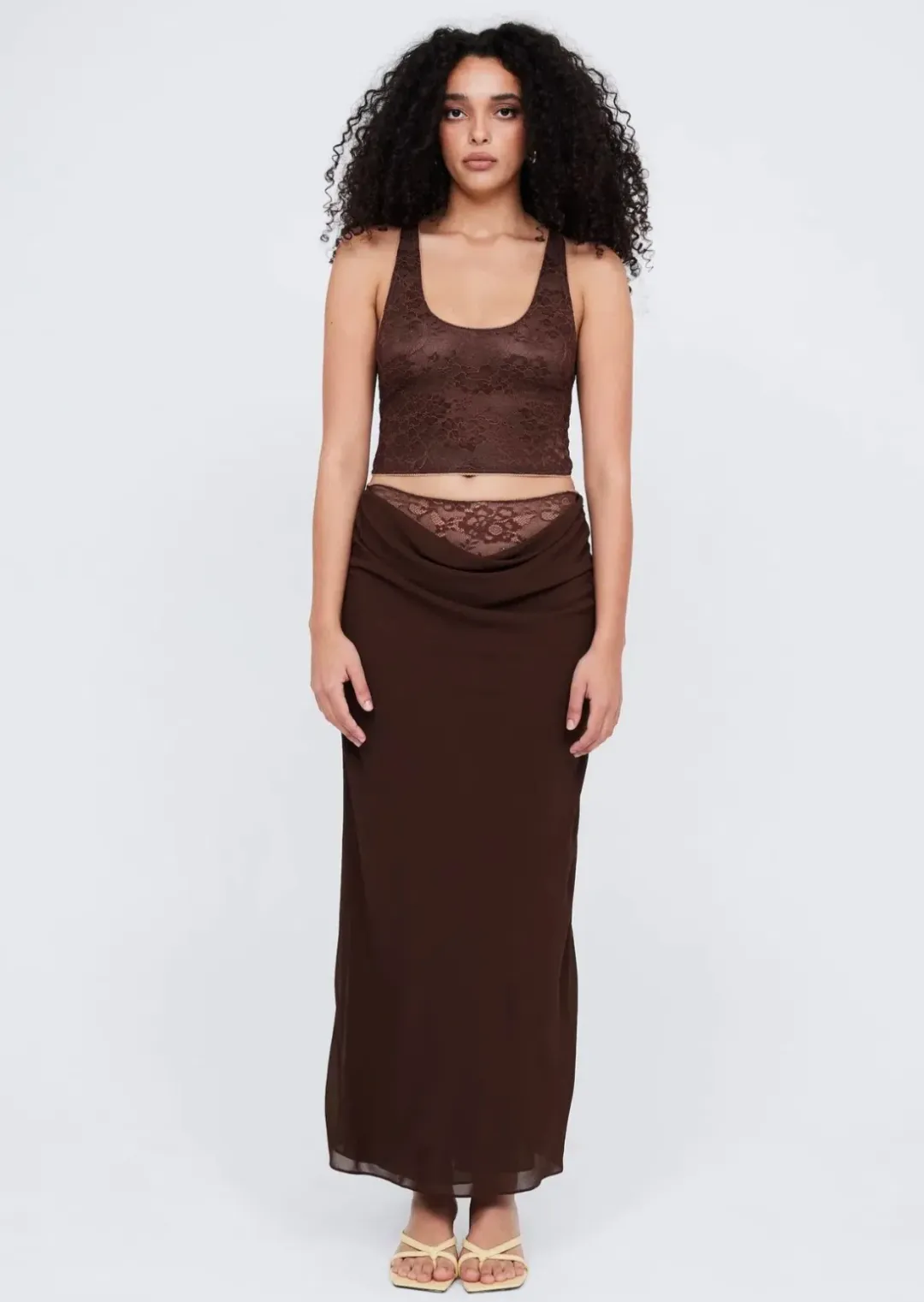 Benni Valentino Lace Top and Lace Insert Skirt Set Brown Size 8 for rent on The Volte - main image