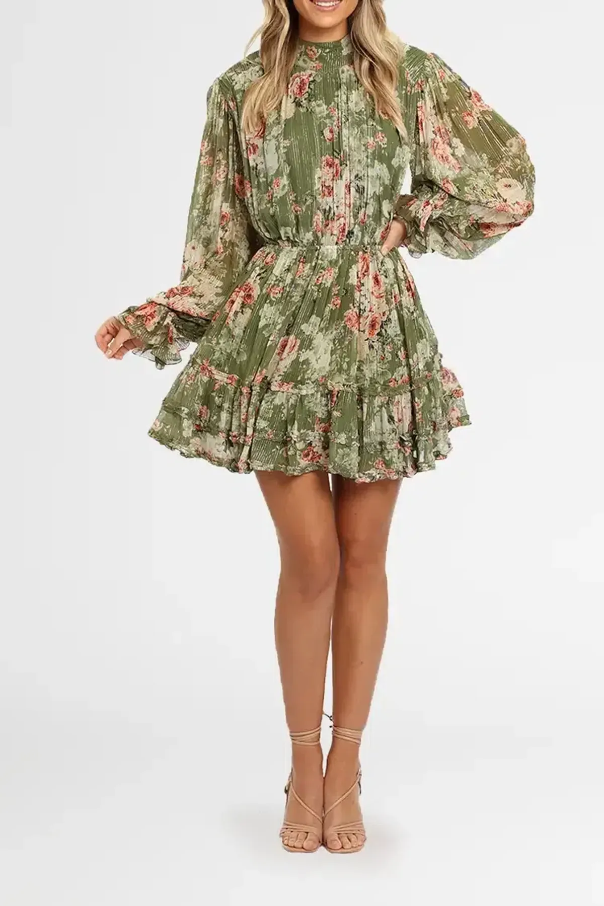 Hemant & Nandita Neem Mini Dress in Green Floral Size 8 - Image 2