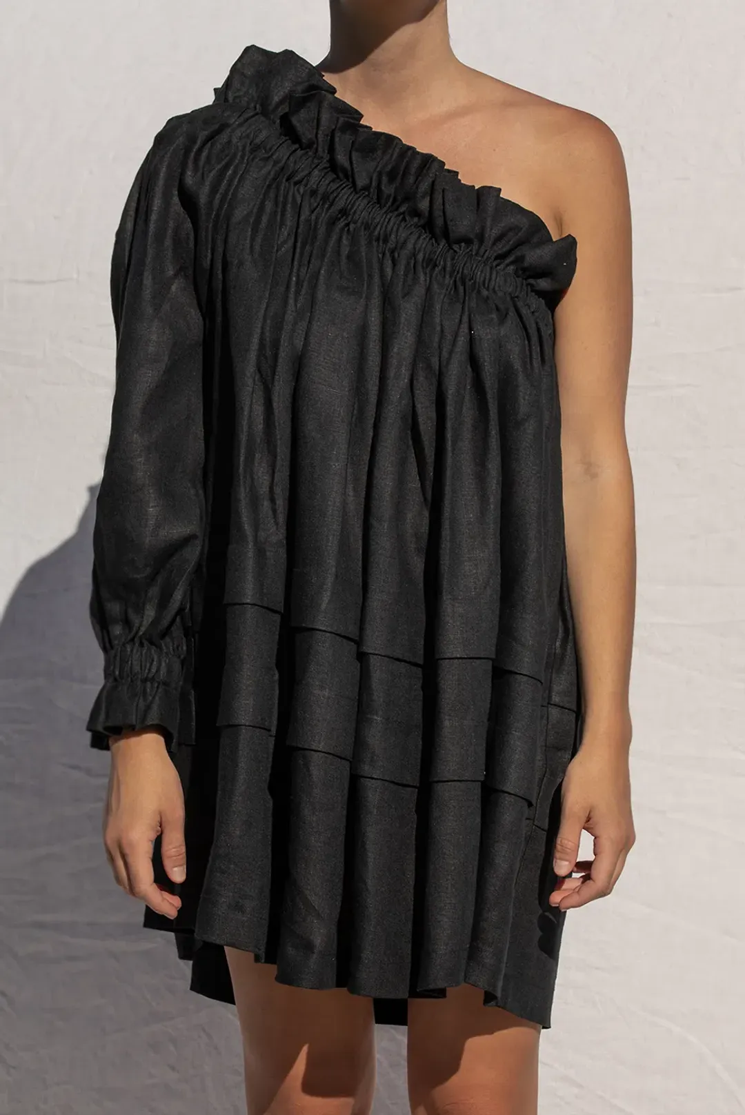 Shop Louee Thea One Shoulder Mini Dress Black One Size for rent on The Volte - main image